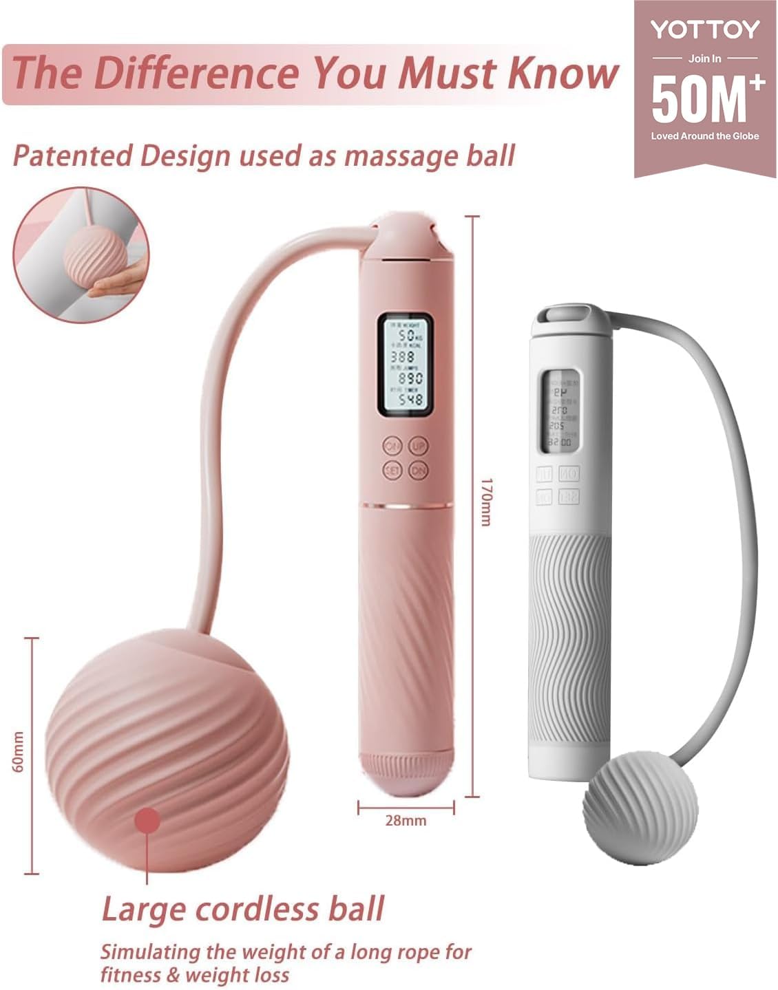 YOTTOY Skipping Ropes for Adults -Cordless Counter Jump Rope with Large Cordless Ball-Weighted Jump Rope for Women with LCD Display - Image 2