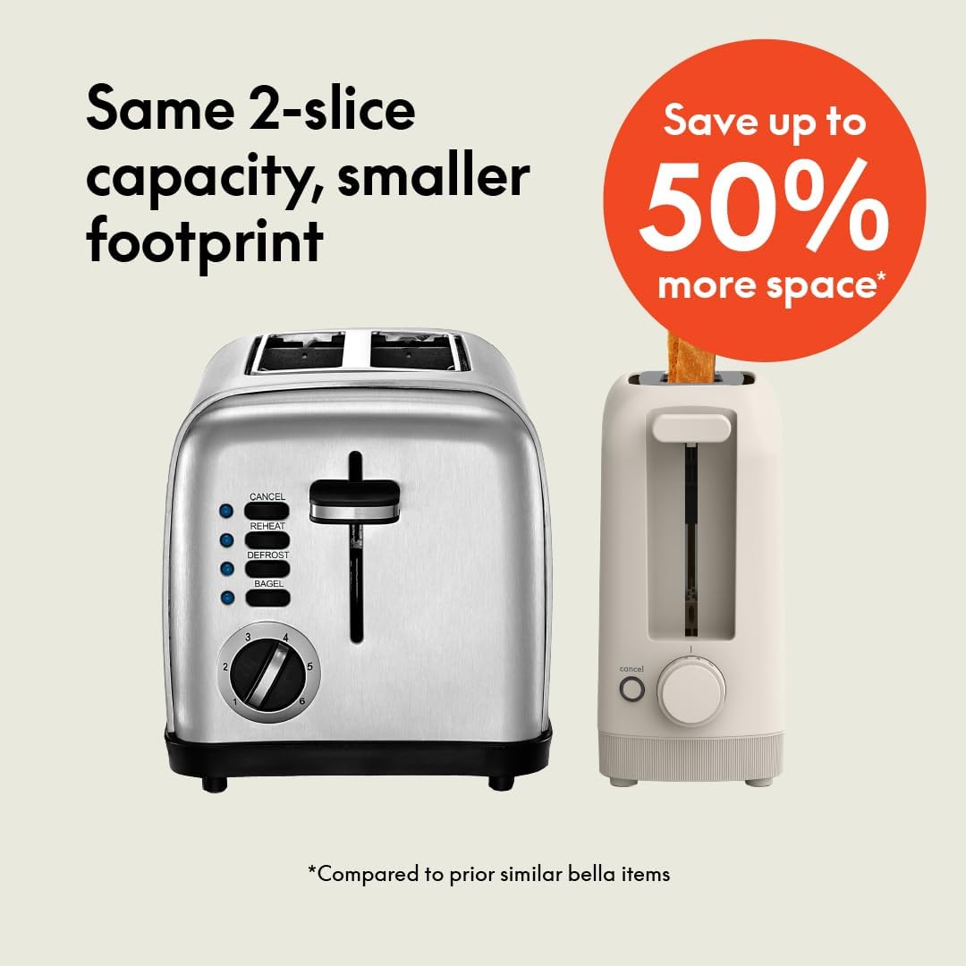 bella 2 Slice Slim Toaster, Fits-anywhere™ Kitchenware, 6 Setting Shade Control with Reheat & Cancel Buttons, Fits sourdough, 10” Long Slot, Anti Jam & Auto Shutoff, 900 Watt, Oatmilk - Image 2