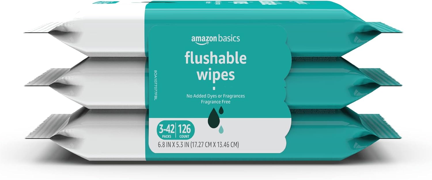 Amazon Basics Adult Wet Wipes Flushable formulated without Fragrance, 126 Count (3 Packs of 42) Packaging May Vary