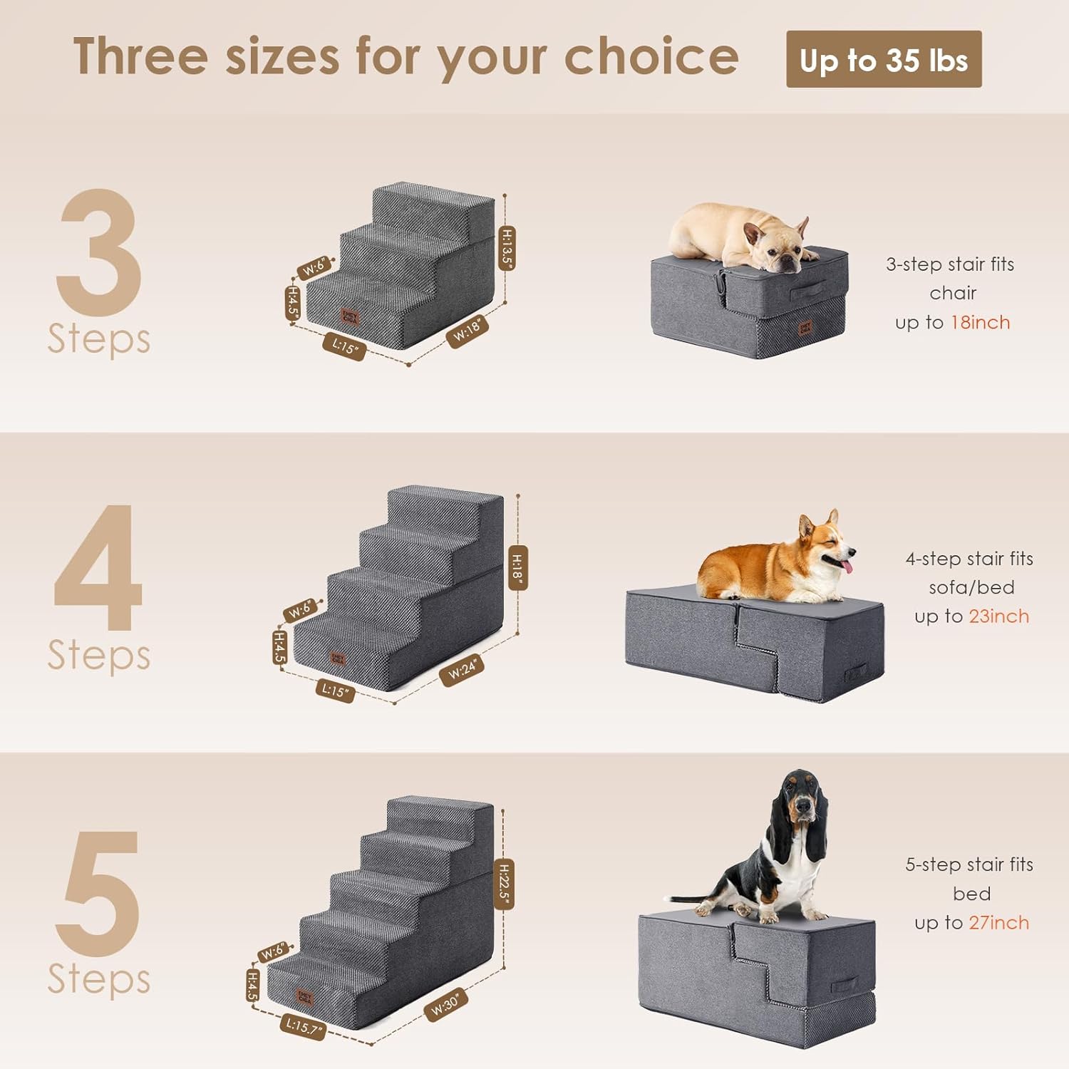 EHEYCIGA Dog Stairs for Bed 18" H, 4-Step Dog Steps for High Bed, Pet Steps for Small Dogs and Cats, Non-Slip Balanced Pet Ramp Indoor, Grey - Image 2