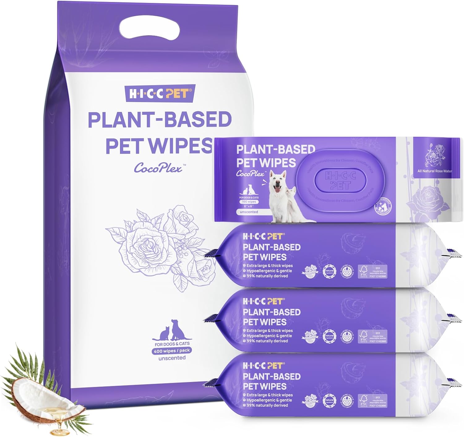HICC PET Cleaning Deodorizing Wipes for Dogs & Cats, Vet Recommended Nourishes Smoothes Fur Grooming Wipes, Fermented Coconut Oil Grooming Body, Horse Skin, Coat & Hoof, 400 Count, Unscented
