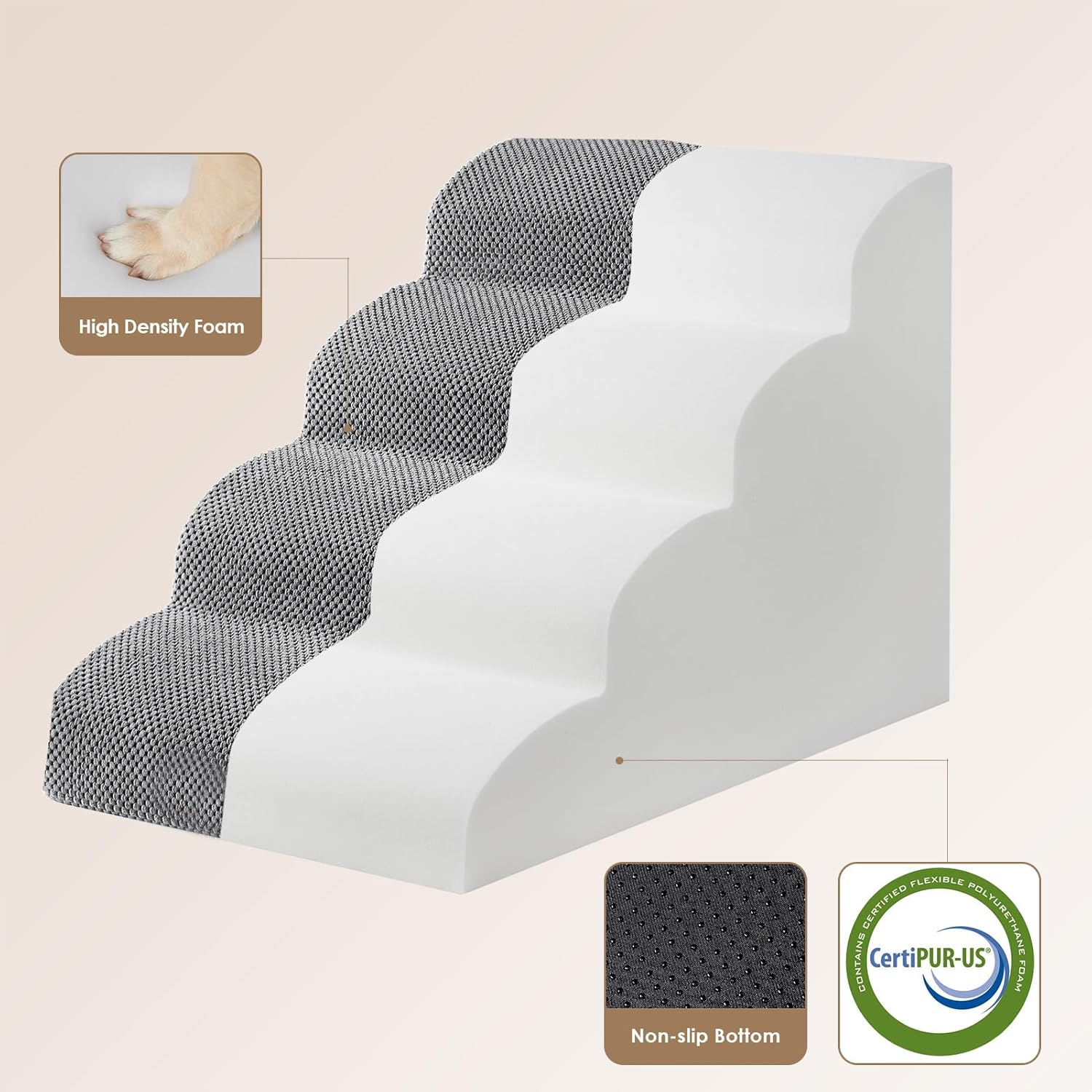 EHEYCIGA Curved Dog Stairs Ramp for High Beds 19.7" H, 4-Step Dog Steps for Small Dogs and Cats, Pet Stairs for High Bed Climbing, Non-Slip Balanced Pet Step Indoor, Grey - Image 2
