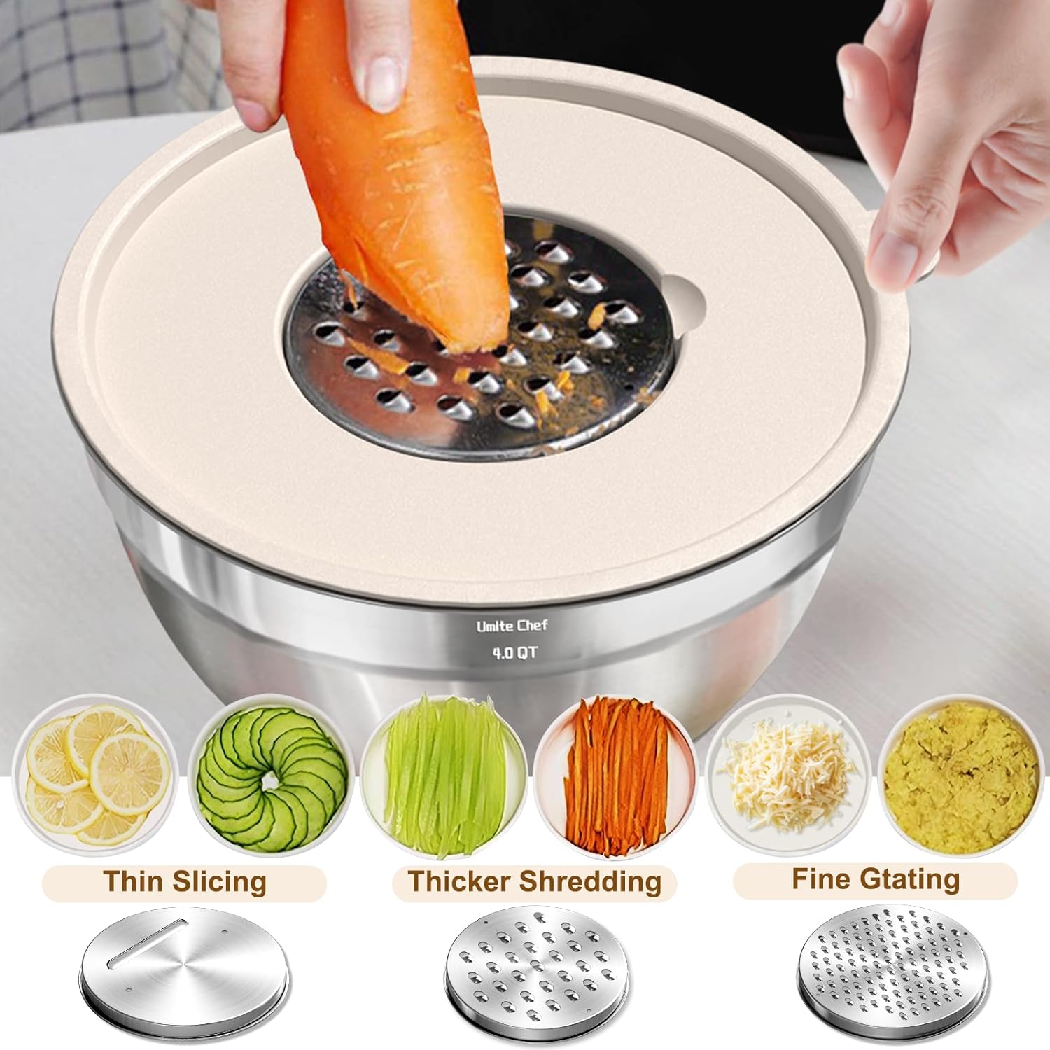 Umite Chef Mixing Bowls with Airtight Lids Set, 8PCS Stainless Steel Khaki Nesting Bowls with Grater Attachments, Kitchen Bowls with Non-Slip Bottoms, Size 5, 4, 3.5, 2, 1.5QT for Mixing & Serving - Image 8