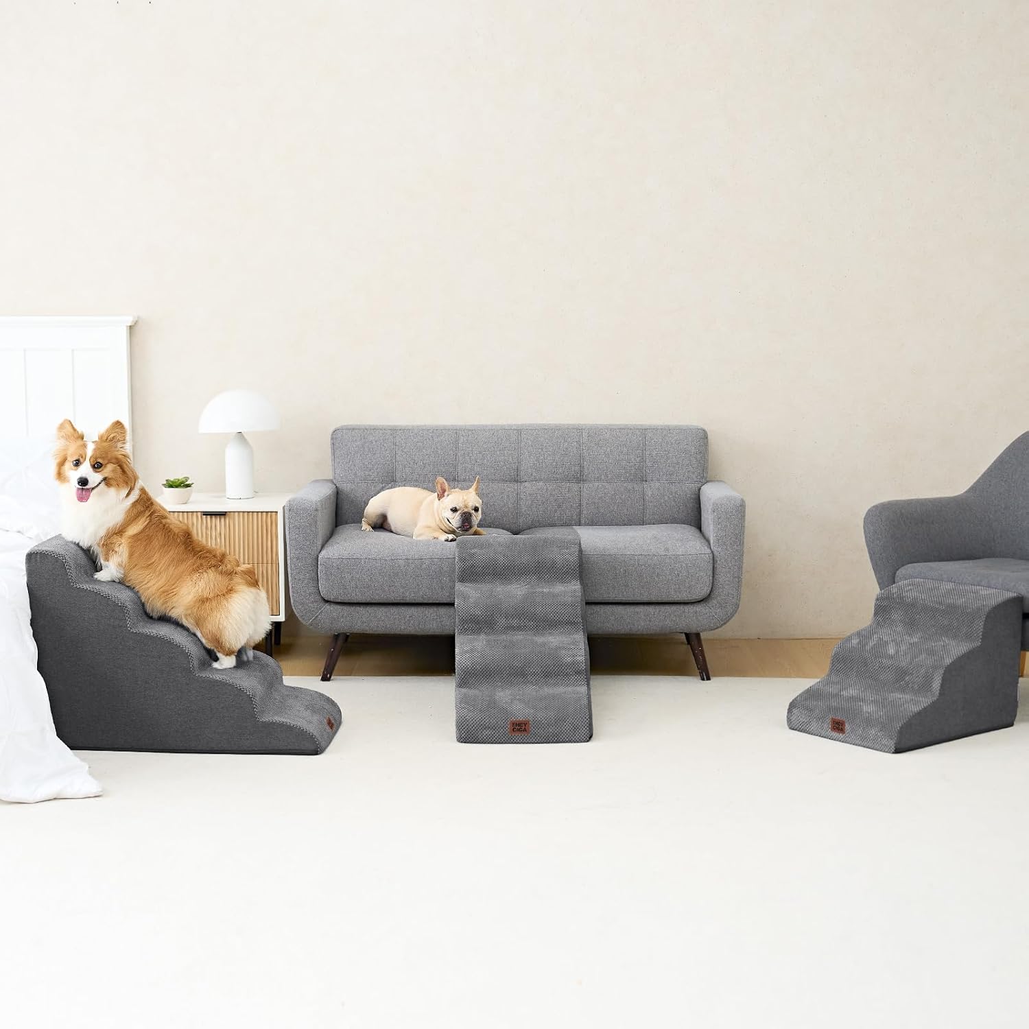 EHEYCIGA Curved Dog Stairs Ramp for High Beds 19.7" H, 4-Step Dog Steps for Small Dogs and Cats, Pet Stairs for High Bed Climbing, Non-Slip Balanced Pet Step Indoor, Grey - Image 8