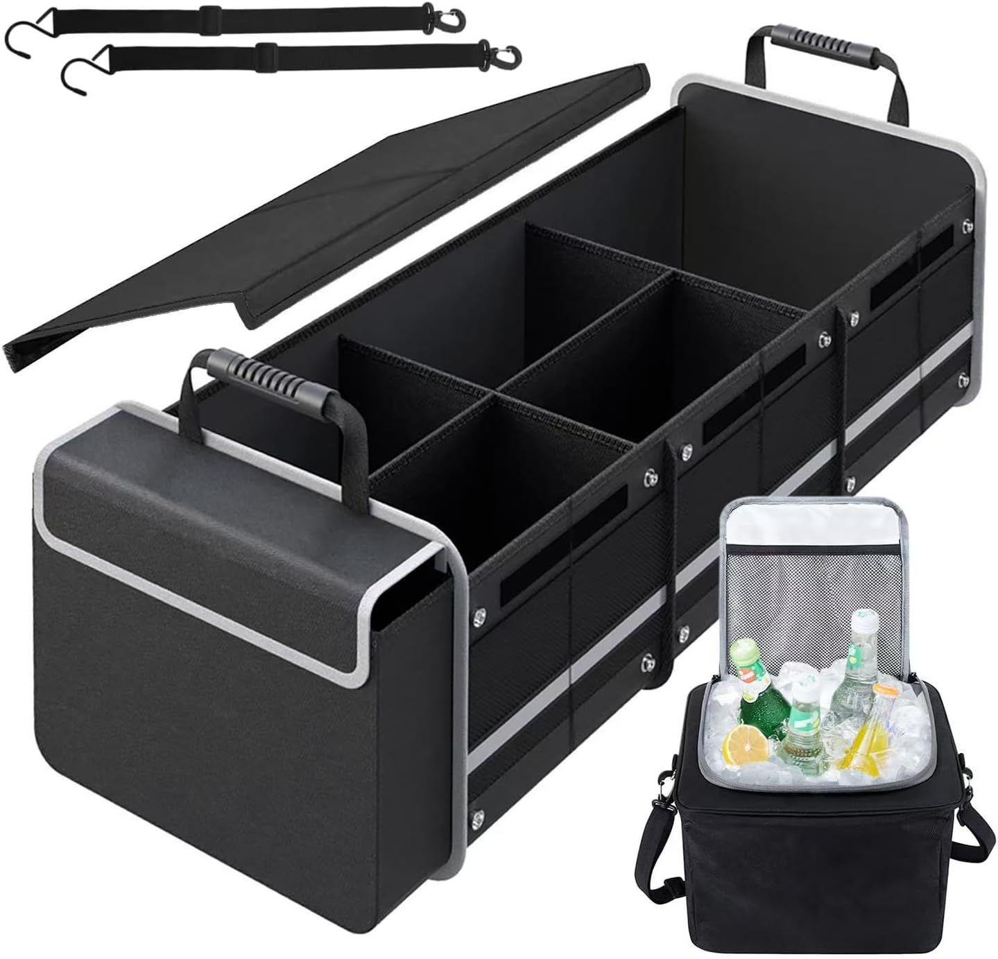 Car Trunk Organizer with Insulated Cooler Bag, Foldable & Waterproof Storage Organizer with Lid for SUV, Truck, Sedan - 4 Large Adjustable Compartments, Heavy Duty & Collapsible Design