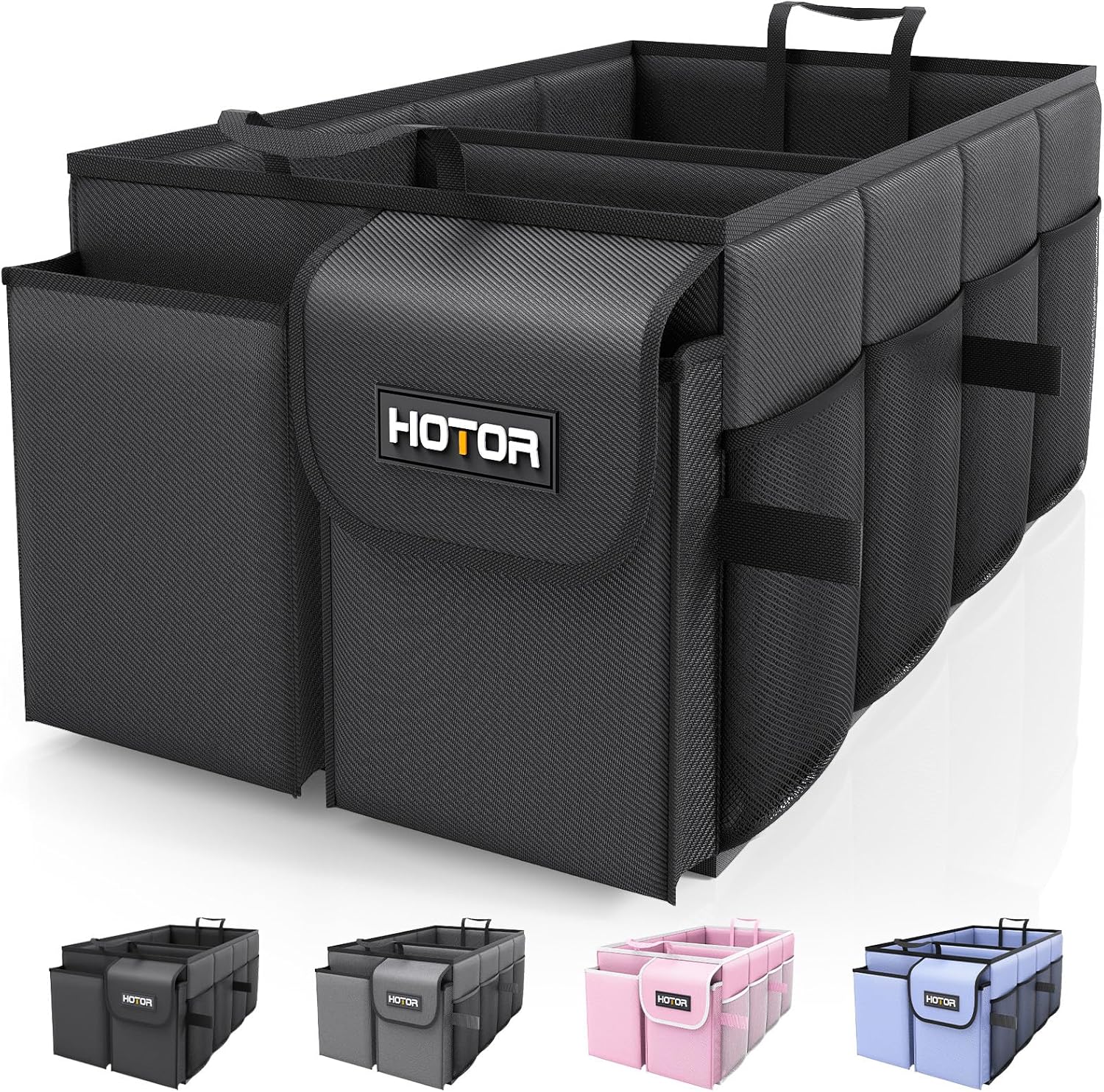 HOTOR Trunk Organizer - Car Organizer, Foldable Trunk organizer for SUVs & Sedans, Sturdy Car Organization for Car Accessories, Tools, Sundries, Black, 2 Compartments, 21.3"×12.6"×10.6"