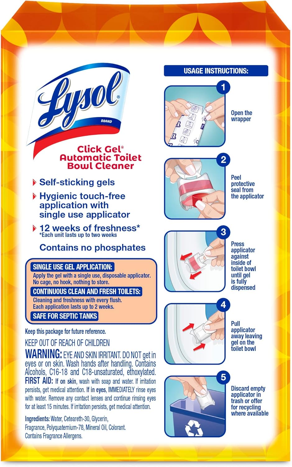 Lysol Click Gel Automatic Toilet Bowl Cleaner, Toilet Gel Stamp, Toilet Freshener, Bathroom Essentials, Refreshing Mango & Hibiscus Scent, 6 Count (Pack of 1) - Image 2