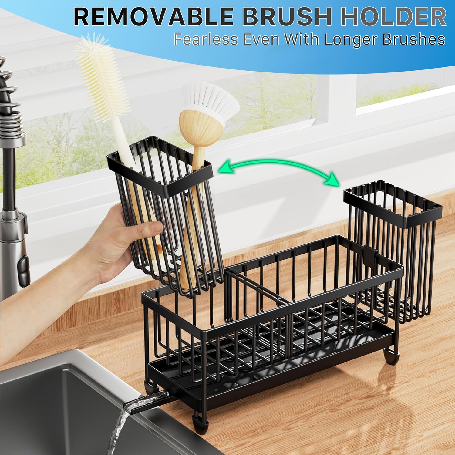 Cisily Sponge Holder for Kitchen Sink, Sink Caddy Organizer with High Brush Holder, Kitchen Countertop Organizers and Storage Essentials, Rustproof 304 Stainless Steel (Black, 9.25″) - Image 3