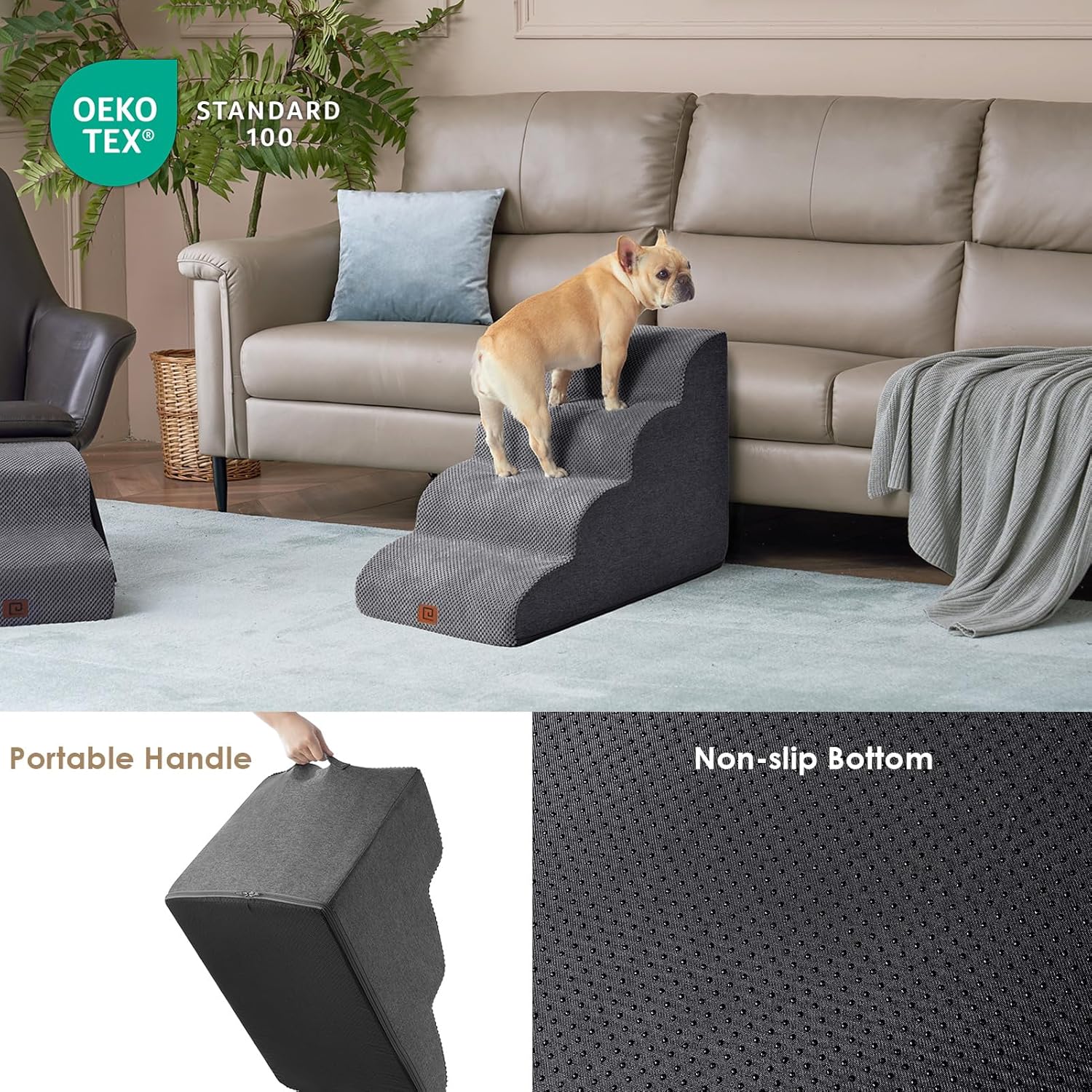 EHEYCIGA Curved Dog Stairs Ramp for High Beds 19.7" H, 4-Step Dog Steps for Small Dogs and Cats, Pet Stairs for High Bed Climbing, Non-Slip Balanced Pet Step Indoor, Grey - Image 5