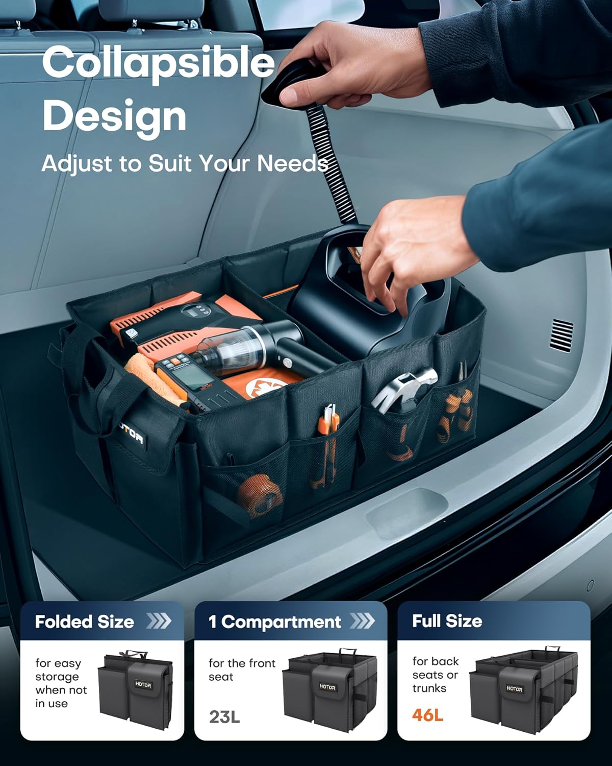 HOTOR Trunk Organizer - Car Organizer, Foldable Trunk organizer for SUVs & Sedans, Sturdy Car Organization for Car Accessories, Tools, Sundries, Black, 2 Compartments, 21.3"×12.6"×10.6" - Image 5