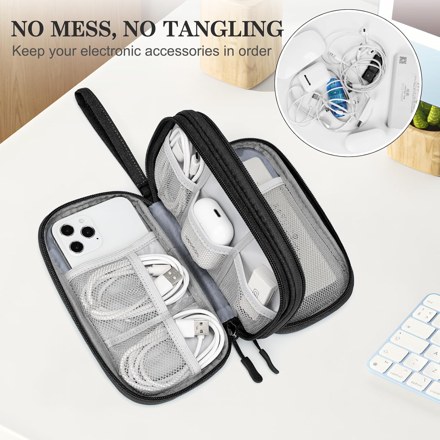 FYY Travel Cable Organizer Pouch Electronic Accessories Carry Case Portable Waterproof Double Layers All-in-One Storage Bag for Cord, Charger, Phone, Earphone Black - Image 5