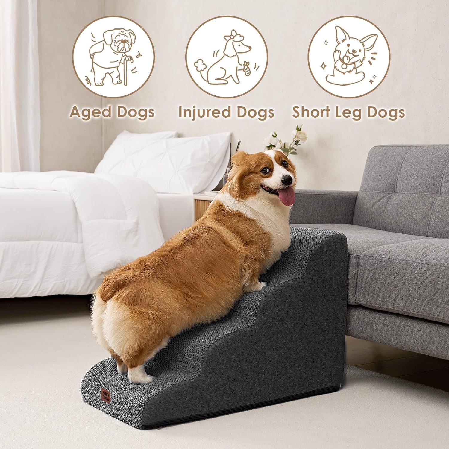 EHEYCIGA Curved Dog Stairs Ramp for High Beds 19.7" H, 4-Step Dog Steps for Small Dogs and Cats, Pet Stairs for High Bed Climbing, Non-Slip Balanced Pet Step Indoor, Grey - Image 4