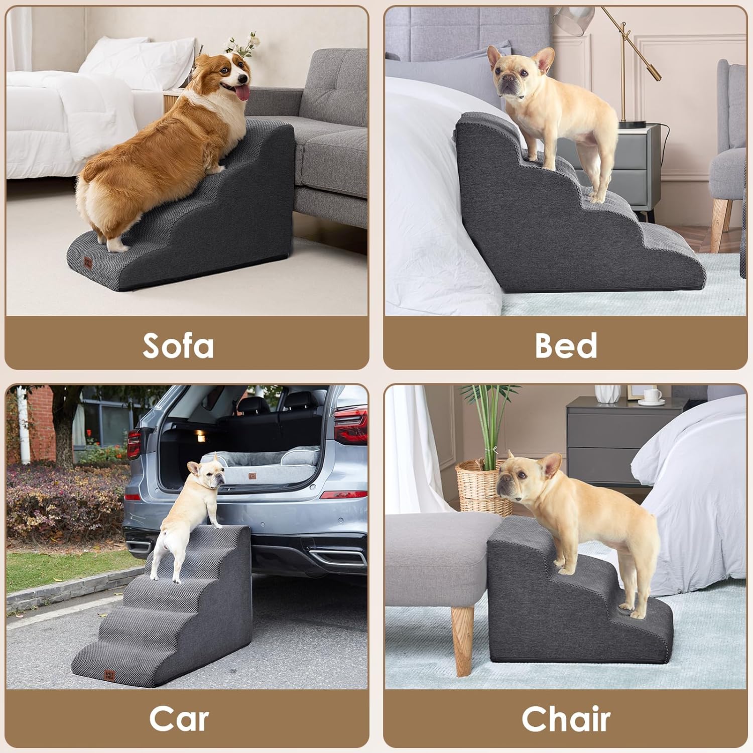 EHEYCIGA Curved Dog Stairs Ramp for High Beds 19.7" H, 4-Step Dog Steps for Small Dogs and Cats, Pet Stairs for High Bed Climbing, Non-Slip Balanced Pet Step Indoor, Grey - Image 7