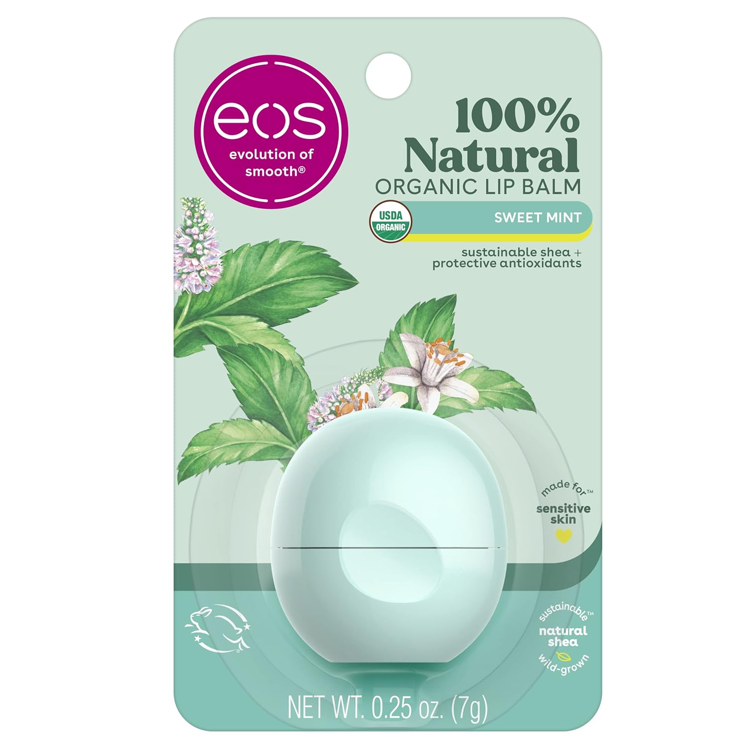 eos 100% Natural & Organic Lip Balm - Sweet Mint, All-Day Moisture, Dermatologist Recommended for Sensitive Skin Care, Lip Care Products, 0.25 oz