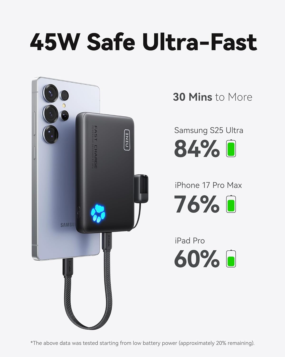 INIU Portable Charger, Smaller & Lighter 45W Fast Charging with Attached USB C Cable, Flight-Safe 10000mAh PD Power Bank Battery Pack, Travel Phone Powerbank for iPhone 17 16 15 Samsung S25 Google etc - Image 3