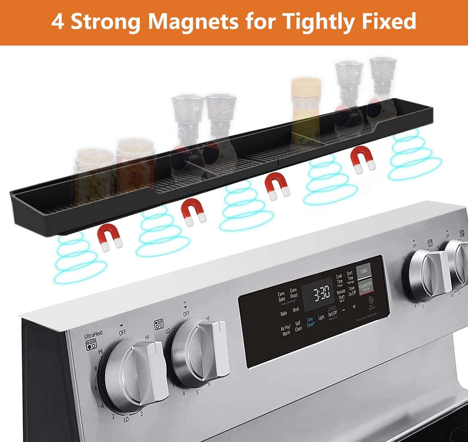 AWOKE Stove Top Shelf 30 Inch - Silicone Material Magnetic Shelf for Stove - 3 Functional Partitions Kitchen Spice Rack Organizer-Black,Kitchen Gadgets Storage Organization - Image 4