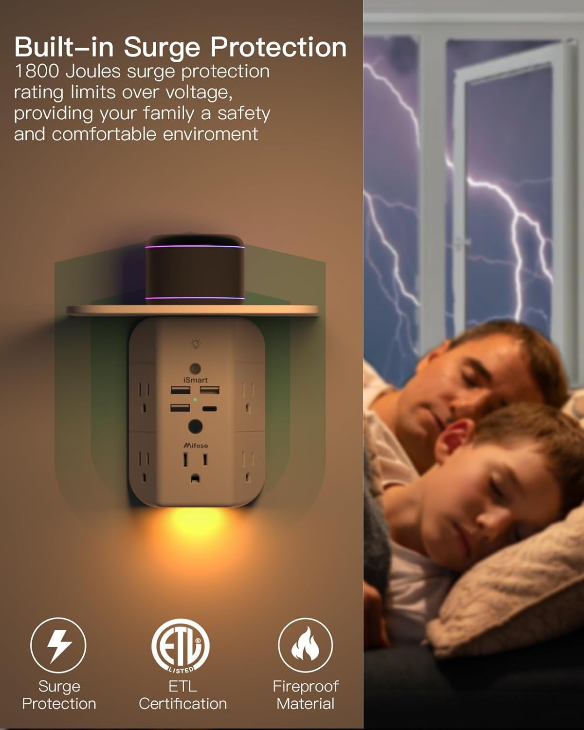 Wall Outlet Extender with Shelf and Night Light, Surge Protector, Wall Mount Charger Multi Plug Expander with 5 AC Outlets and 3 USB A Ports 1 USB C, Wide Space 3-Sided Power Strip Multi Plug Outlets - Image 4