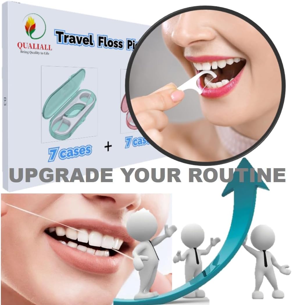 14 Packs Travel Dental Floss Pick Case, Holder, Come with 140pcs Premium QUALIALL Toothpick Flossers for Adults Teeth Cleaning, Sealed Portable Refillable, Green, Pink. - Image 5