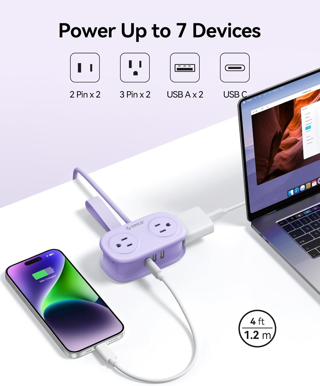 ORICO 4FT Purple Travel Power Strip with 4 AC Outlets, 2 USB-A Ports, and 1 USB-C Port, 45° Flat Plug Extension Cord with Non Surge Protector for Travel/Home/Dorm/Office-AP3 - Image 3