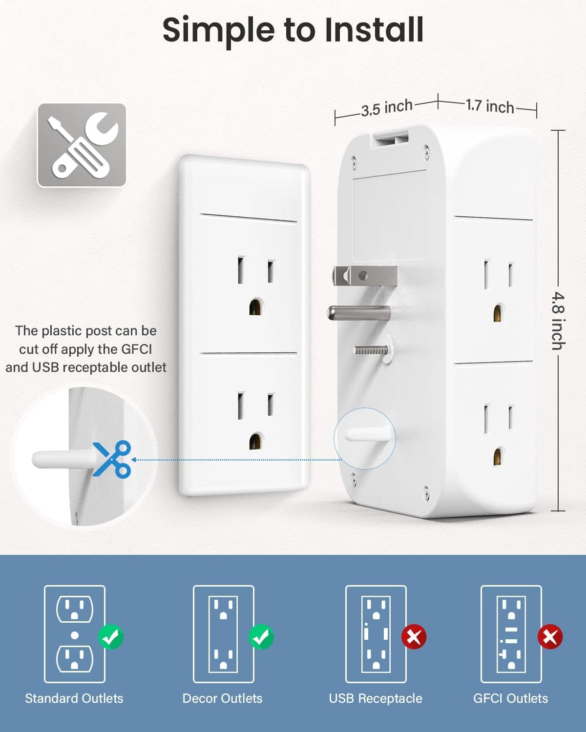 Wall Outlet Extender with Shelf and Night Light, Surge Protector, Wall Mount Charger Multi Plug Expander with 5 AC Outlets and 3 USB A Ports 1 USB C, Wide Space 3-Sided Power Strip Multi Plug Outlets - Image 8
