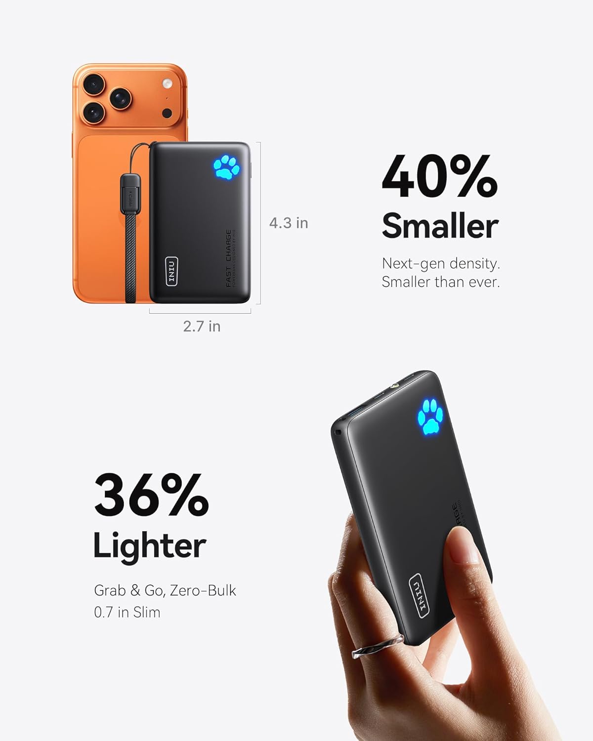 INIU Portable Charger, Smaller & Lighter 45W Fast Charging with Attached USB C Cable, Flight-Safe 10000mAh PD Power Bank Battery Pack, Travel Phone Powerbank for iPhone 17 16 15 Samsung S25 Google etc - Image 2