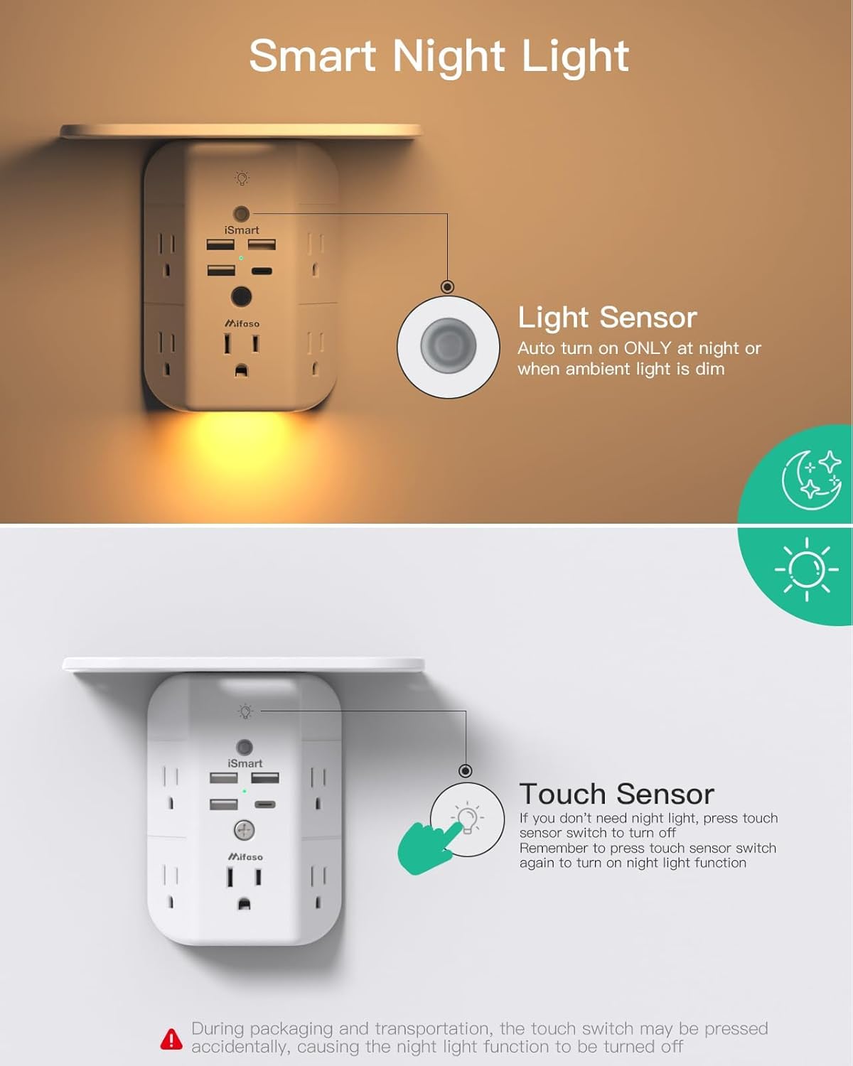 Wall Outlet Extender with Shelf and Night Light, Surge Protector, Wall Mount Charger Multi Plug Expander with 5 AC Outlets and 3 USB A Ports 1 USB C, Wide Space 3-Sided Power Strip Multi Plug Outlets - Image 3