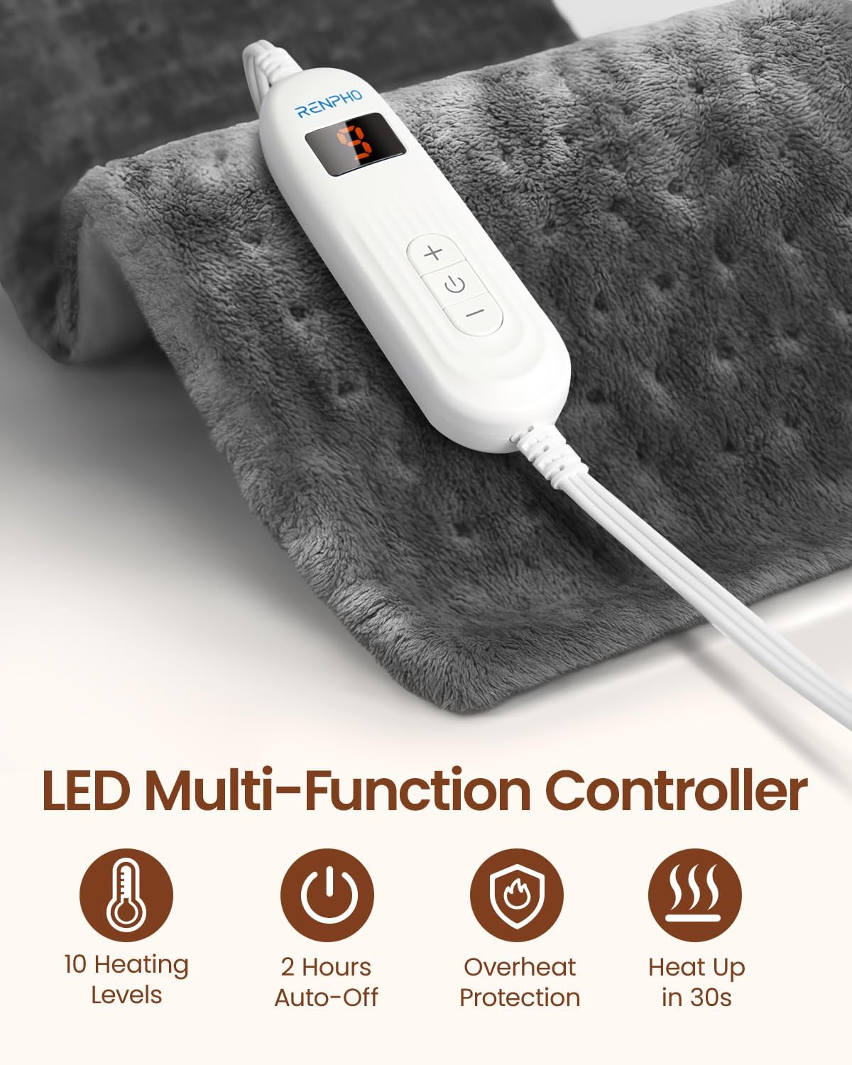 RENPHO Heating Pad for Back Pain & Period Cramps, FSA Eligible & HSA Store, Mothers Day Gifts & Birthday Gifts for Women Men,12" x24‘’ Electric Heat Pad for Neck and Shoulder, ETL Certified, Gray - Image 4