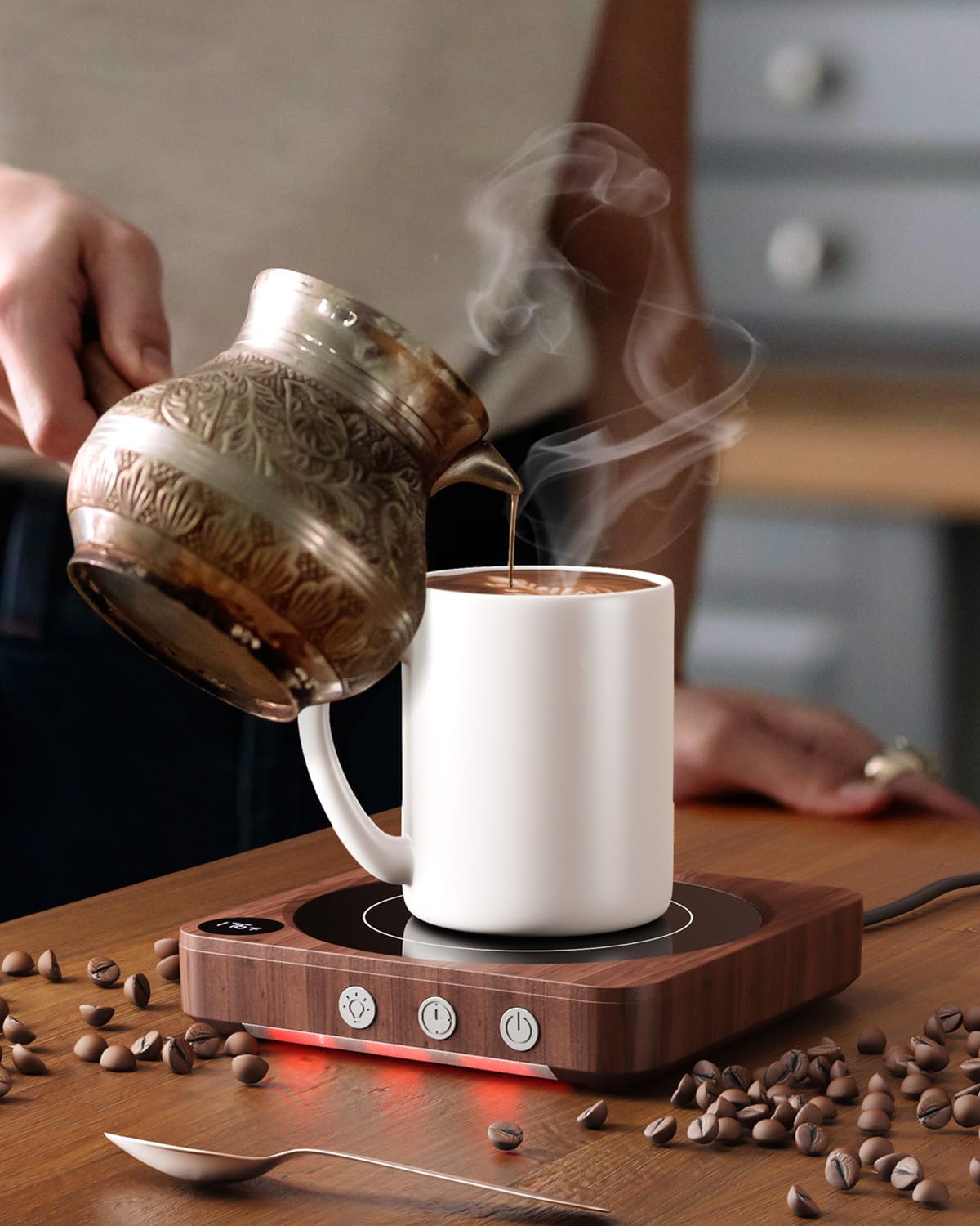 House Gem Mug Warmer - 36W Coffee Mug Warmer for Desk with Temperature Display, 2-12Hrs Auto Shut Off, Smart Candle Warmer - Ideal Coffee Gifts Accessories Keep Beverages Coffee Warmer (Wood) (Wood) - Image 7
