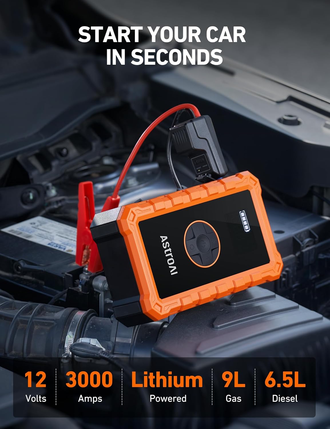 AstroAI S8 Air Jump Starter with Air Compressor, 3000A Peak Car Battery Jump Starter Portable (9.0 Gas/6.5L Diesel) with 150PSI Cordless Auto-Shutoff Tire Inflator, 12V Battery Charger Booster(Orange) - Image 2