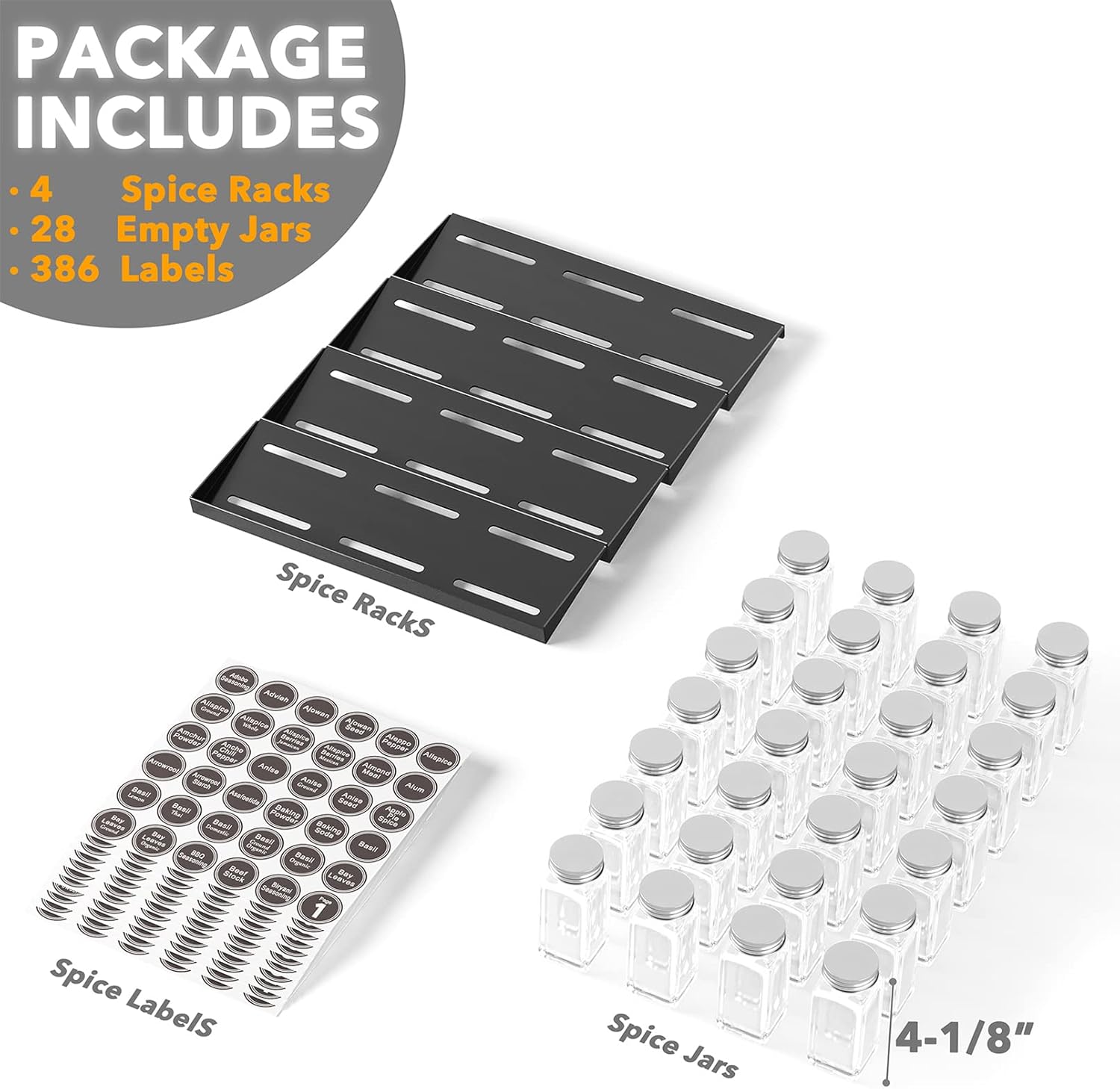 SpaceAid Spice Drawer Organizer with 28 Spice Jars, 386 Spice Labels, 4 Tier Seasoning Rack Tray Insert for Kitchen Drawers, 13" Wide x 17.5" Deep - Image 6