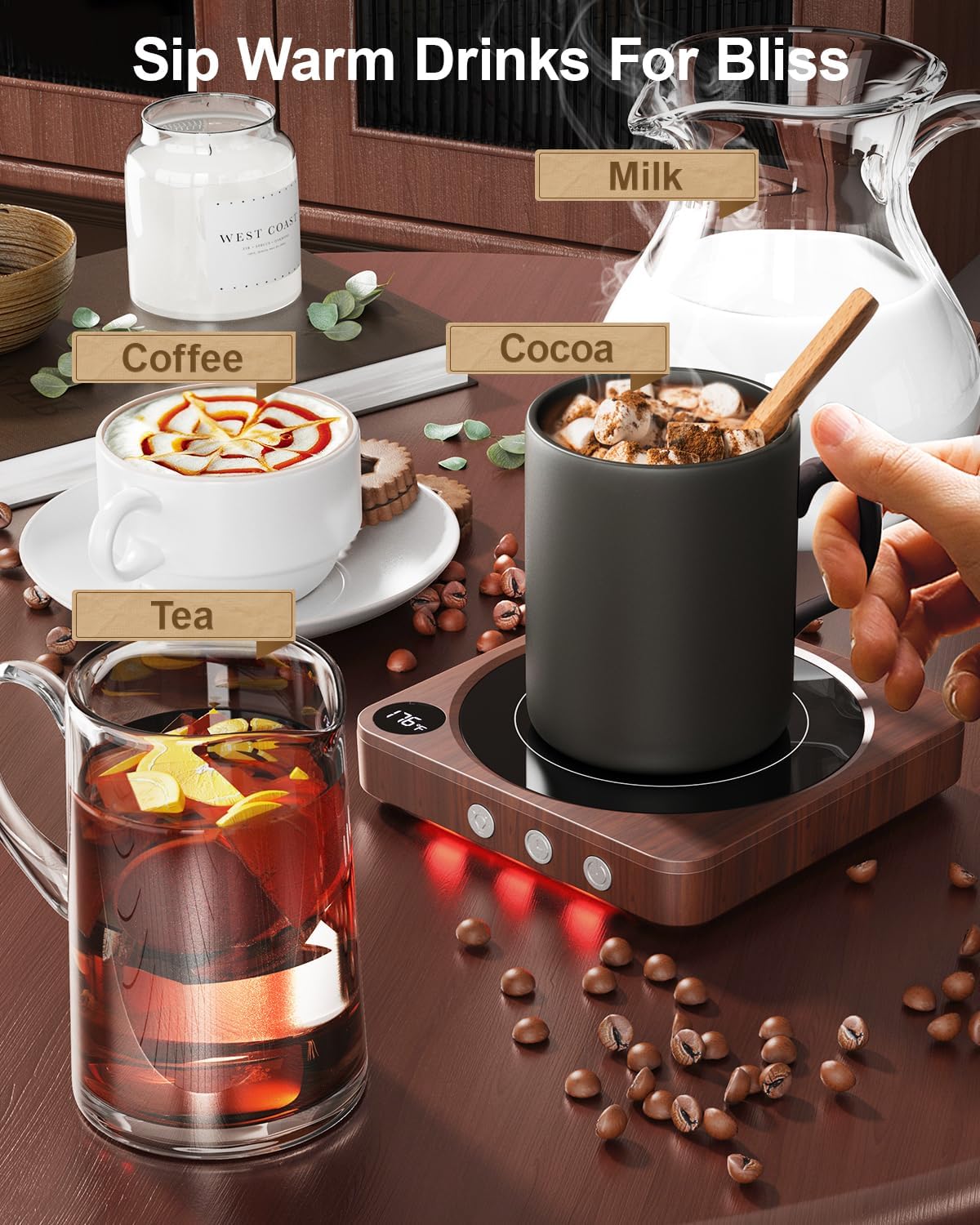House Gem Mug Warmer - 36W Coffee Mug Warmer for Desk with Temperature Display, 2-12Hrs Auto Shut Off, Smart Candle Warmer - Ideal Coffee Gifts Accessories Keep Beverages Coffee Warmer (Wood) (Wood) - Image 4