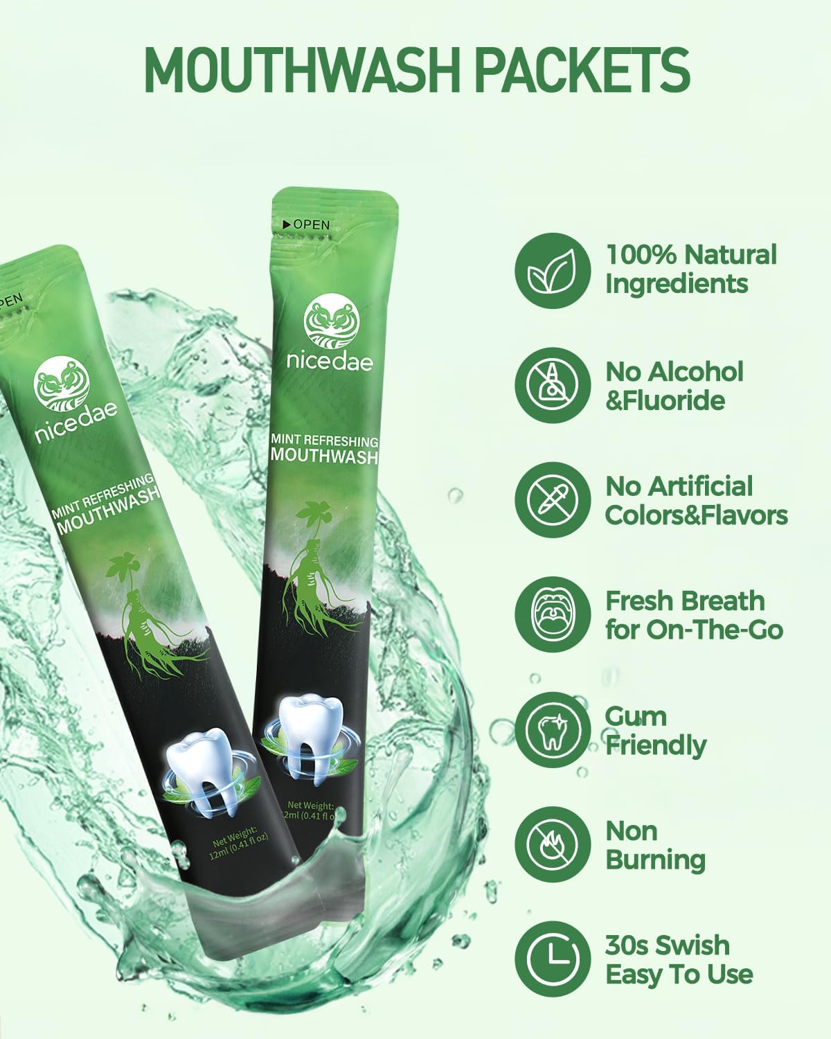 Travel Size Mouthwash Portable Packets Alcohol-Free & Fluoride-Free Fresh Mint Mouth Wash 30 Individual Wrapped Cruise Essentials - Image 2