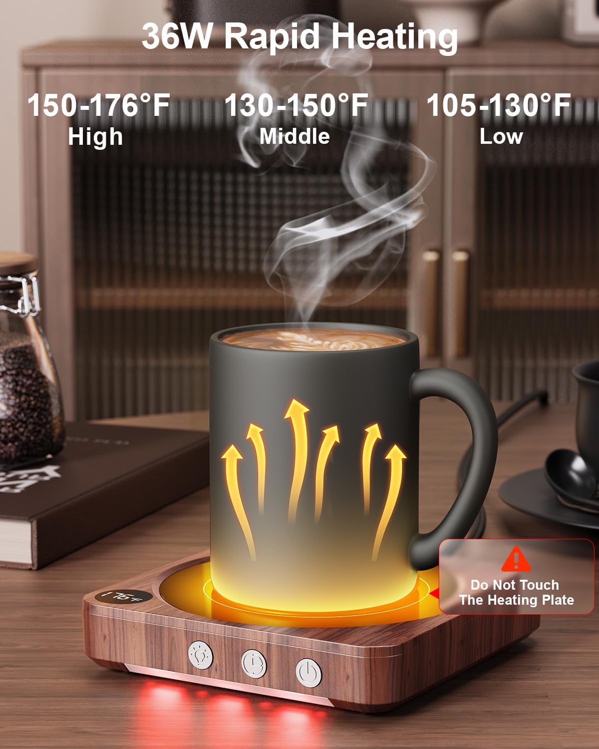 House Gem Mug Warmer - 36W Coffee Mug Warmer for Desk with Temperature Display, 2-12Hrs Auto Shut Off, Smart Candle Warmer - Ideal Coffee Gifts Accessories Keep Beverages Coffee Warmer (Wood) (Wood) - Image 3