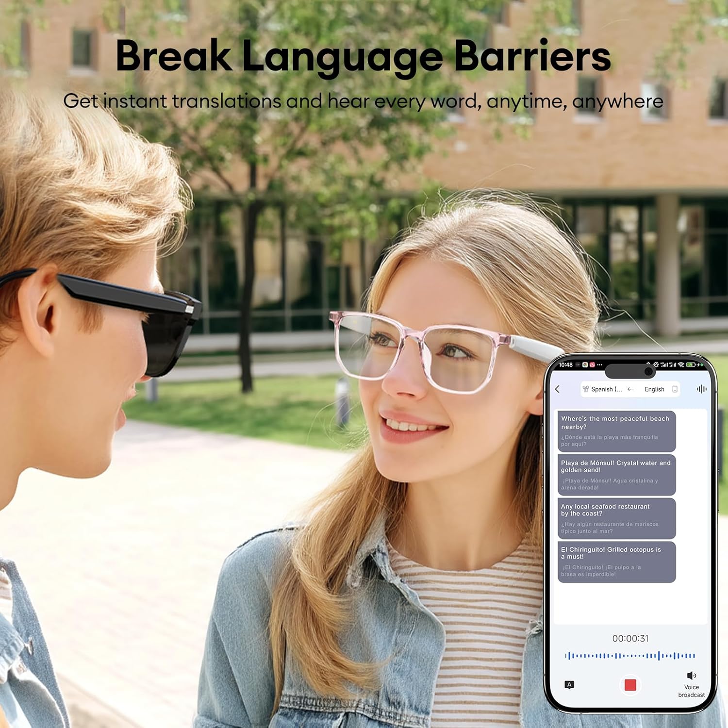 AI Smart Glasses, Bluetooth 5.4 Translation Glasses with 144 Language & Accents, Blue Light Filtering Lenses, Multifunctional Smart Glasses for Men Women, Travel Meeting Trade Business HY-C8 White - Image 2