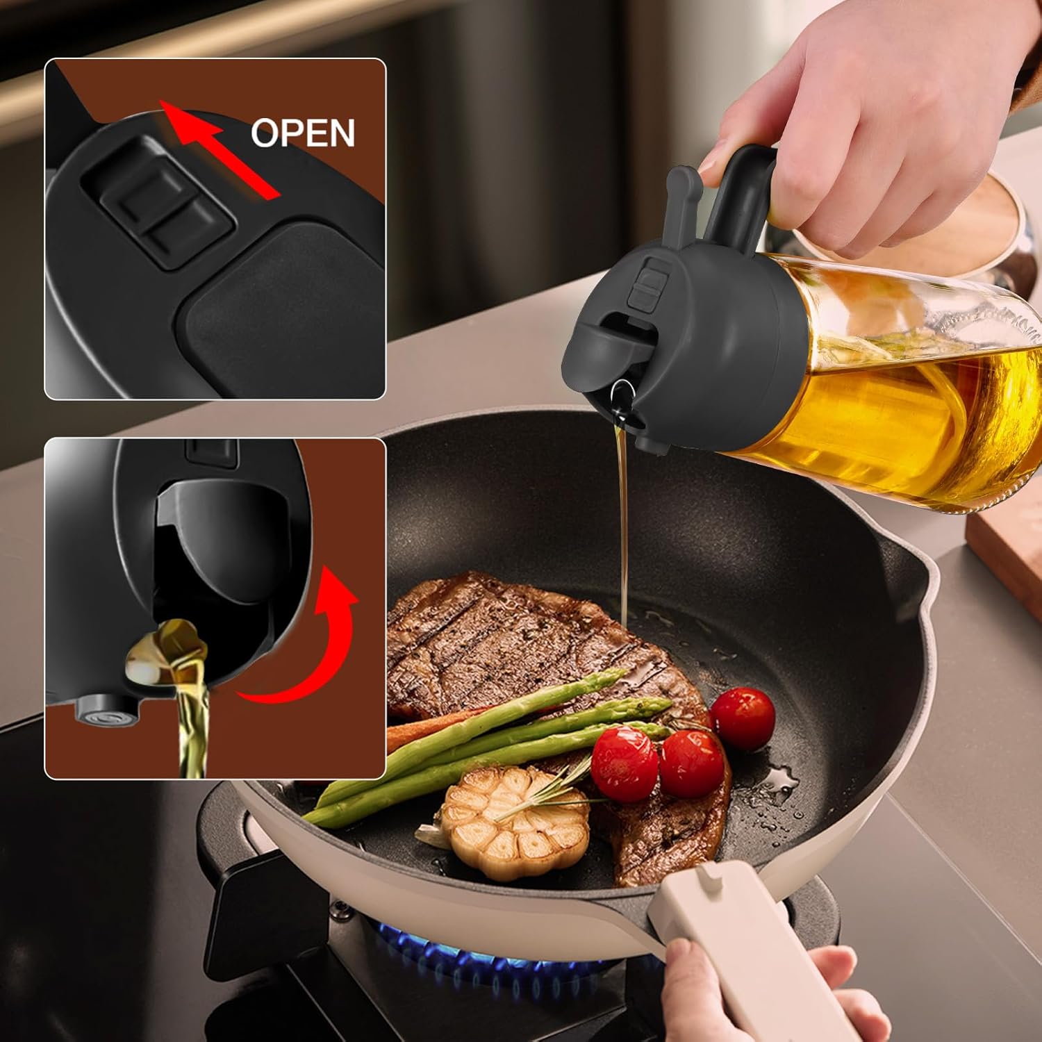 YARRAMATE 16oz/470ml Glass Olive Oil Sprayer for Cooking with Stickers, 2 in 1 Oil Dispenser for Kitchen Gadgets, Food Grade Premium Spray Bottle with Portion Control for Salad, Frying, BBQ (Black) - Image 7