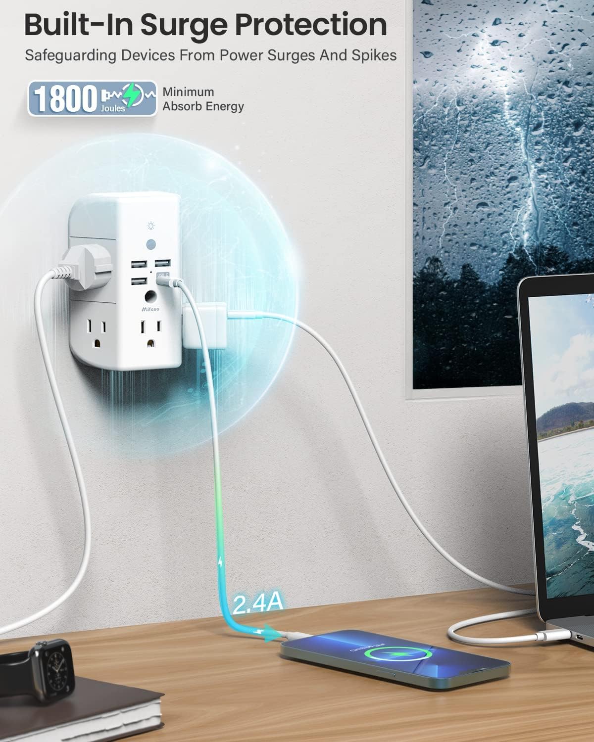 Wall Outlet Extender with Shelf and Night Light, Surge Protector, Wall Mount Charger Multi Plug Expander with 5 AC Outlets and 3 USB A Ports 1 USB C, Wide Space 3-Sided Power Strip Multi Plug Outlets - Image 6
