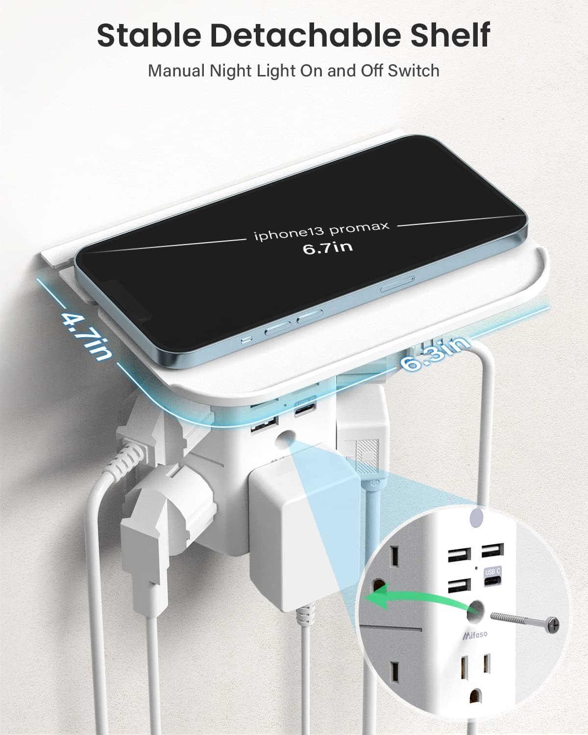 Wall Outlet Extender with Shelf and Night Light, Surge Protector, Wall Mount Charger Multi Plug Expander with 5 AC Outlets and 3 USB A Ports 1 USB C, Wide Space 3-Sided Power Strip Multi Plug Outlets - Image 5