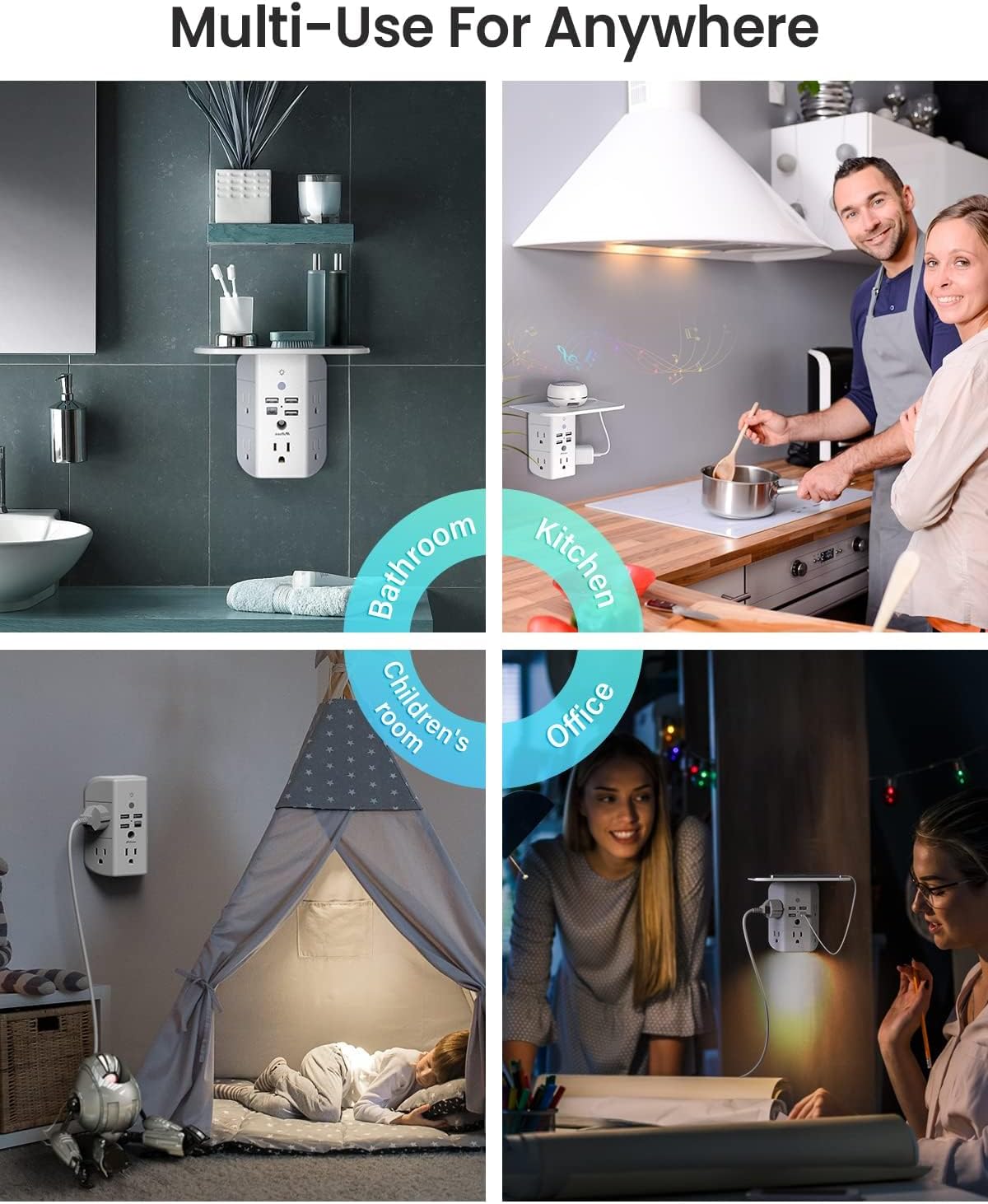 Wall Outlet Extender with Shelf and Night Light, Surge Protector, Wall Mount Charger Multi Plug Expander with 5 AC Outlets and 3 USB A Ports 1 USB C, Wide Space 3-Sided Power Strip Multi Plug Outlets - Image 7