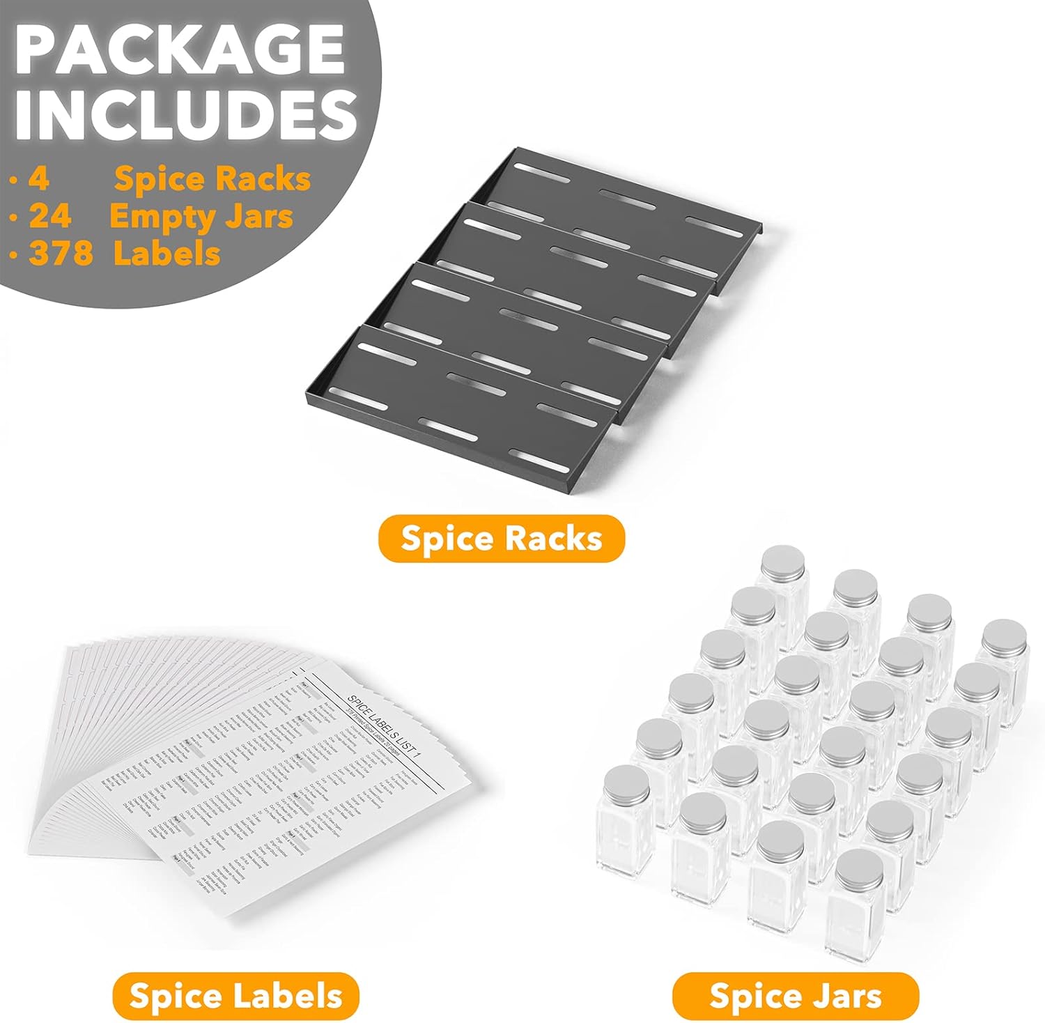 SpaceAid Spice Drawer Organizer with 24 Spice Jars, 378 White Minimalist Spice Labels, 4 Tier Seasoning Rack Tray Insert for Kitchen Drawers, 11.25" Wide x 17.5" Deep - Image 5