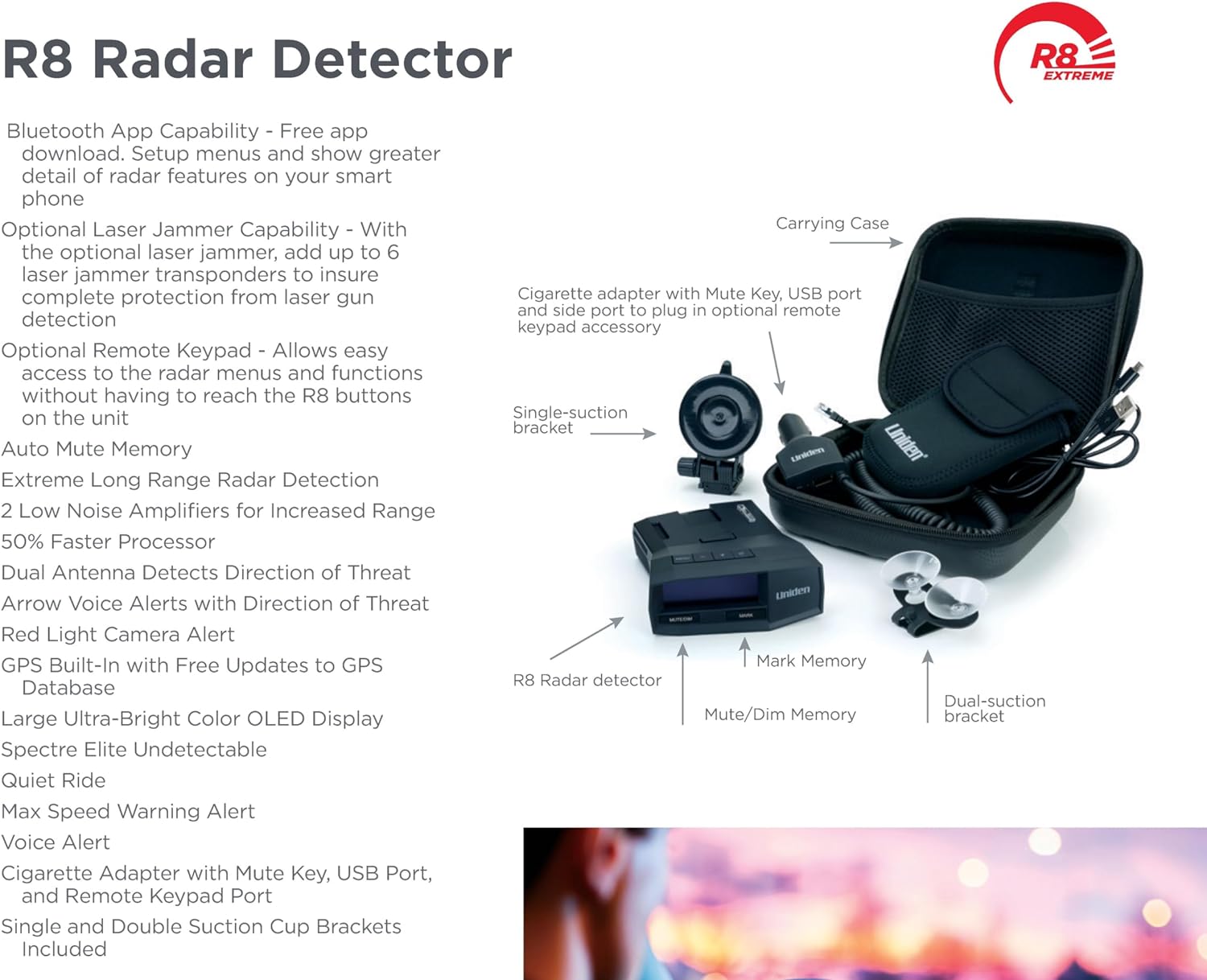 UNIDEN R8 Extreme Long-Range Radar/Laser Detector, Dual-Antennas Front & Rear Detection w/Directional Arrows, Built-in GPS w/Real-Time Alerts, Voice Alerts, Red Light Camera and Speed Camera Alerts - Image 7