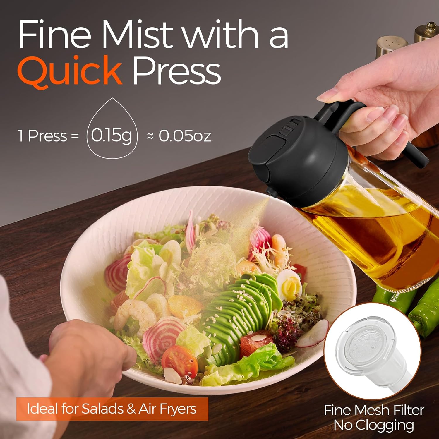YARRAMATE 16oz/470ml Glass Olive Oil Sprayer for Cooking with Stickers, 2 in 1 Oil Dispenser for Kitchen Gadgets, Food Grade Premium Spray Bottle with Portion Control for Salad, Frying, BBQ (Black) - Image 3