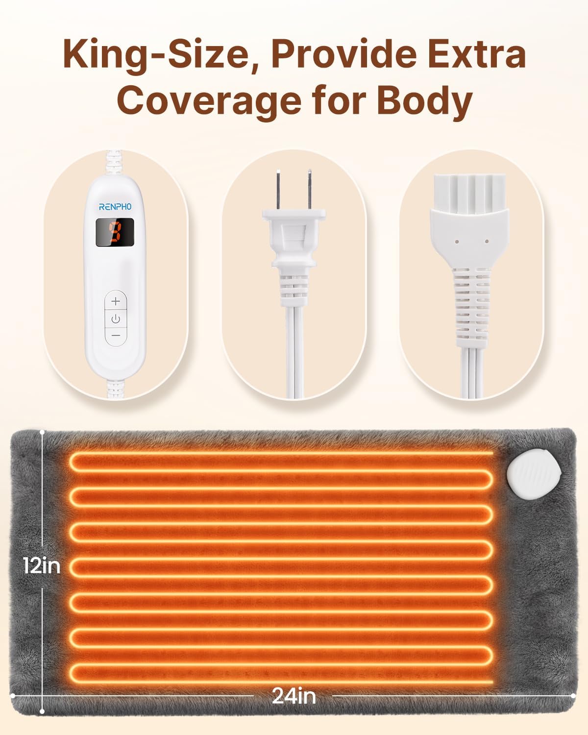 RENPHO Heating Pad for Back Pain & Period Cramps, FSA Eligible & HSA Store, Mothers Day Gifts & Birthday Gifts for Women Men,12" x24‘’ Electric Heat Pad for Neck and Shoulder, ETL Certified, Gray - Image 3