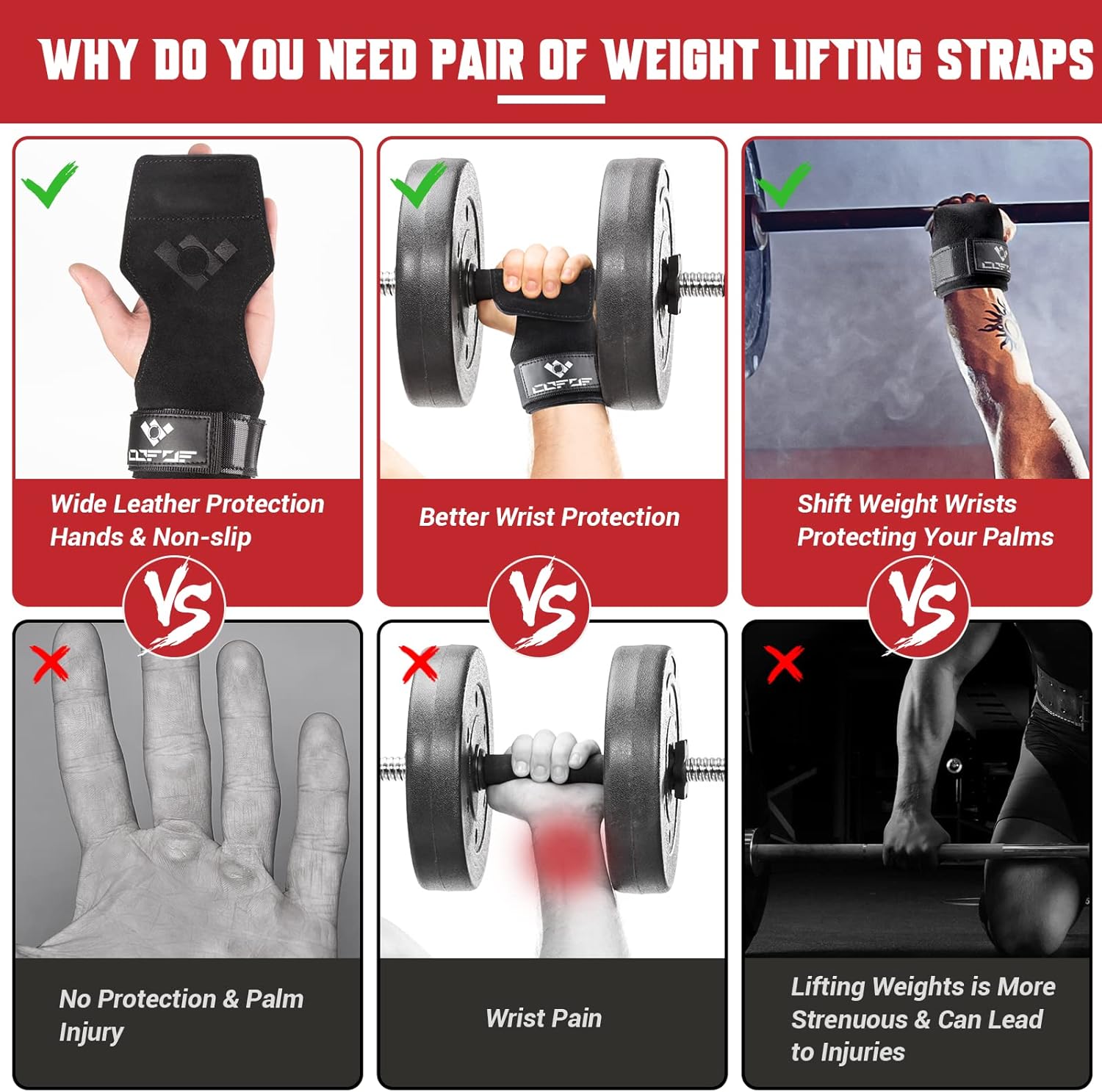 COFOF Weight Lifting Wrist Strap, Double Layer Leather Wrist Strap for Deadlift and Powerlifting, Adjustable Neoprene Padded Gym Workout Lifting Hooks (Pair) - Image 3