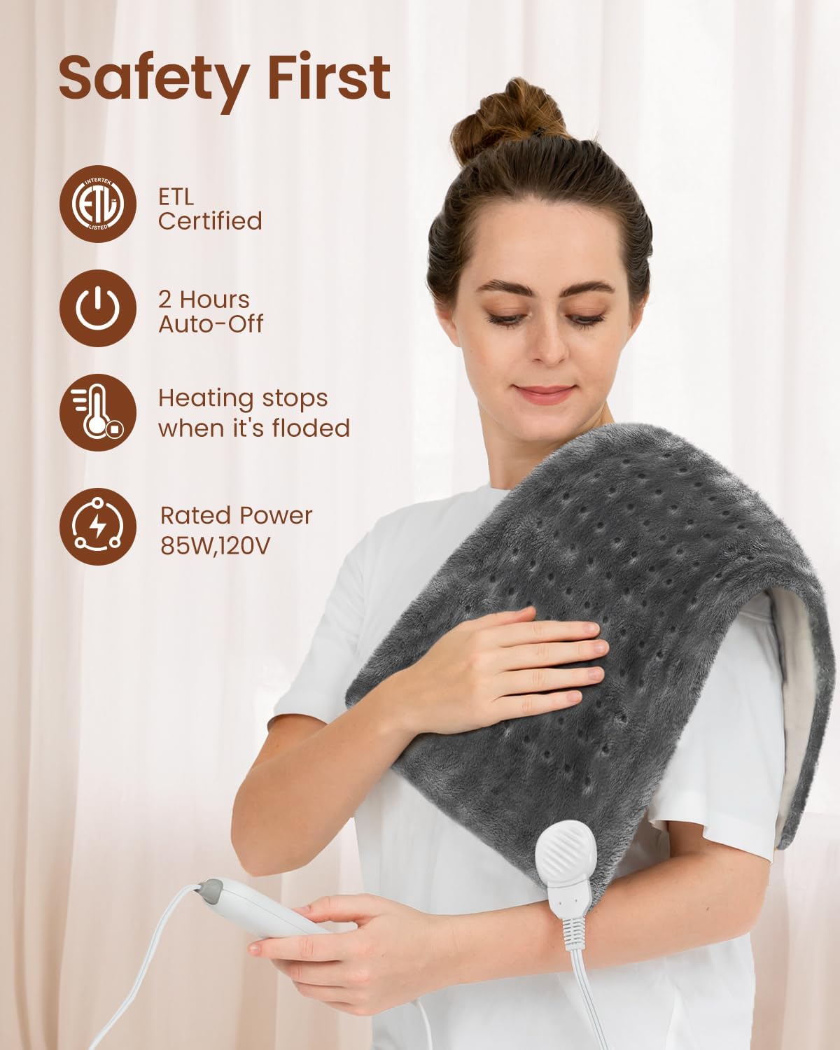 RENPHO Heating Pad for Back Pain & Period Cramps, FSA Eligible & HSA Store, Mothers Day Gifts & Birthday Gifts for Women Men,12" x24‘’ Electric Heat Pad for Neck and Shoulder, ETL Certified, Gray - Image 7