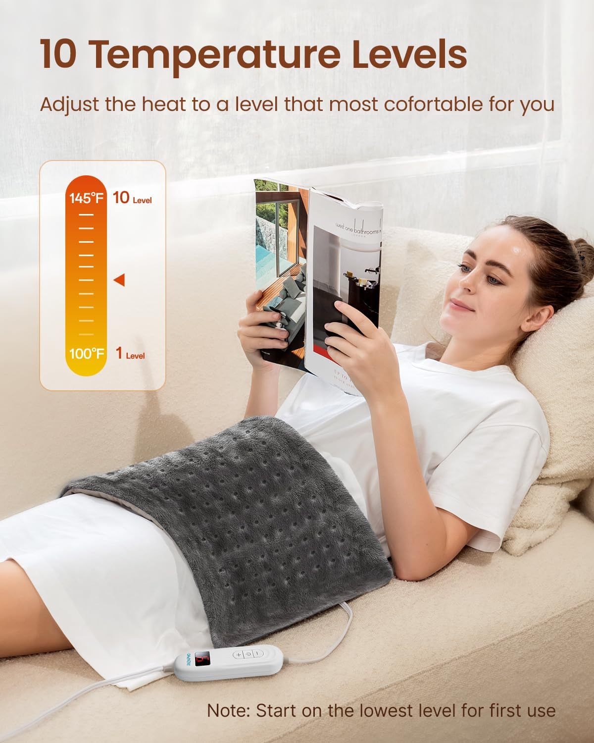 RENPHO Heating Pad for Back Pain & Period Cramps, FSA Eligible & HSA Store, Mothers Day Gifts & Birthday Gifts for Women Men,12" x24‘’ Electric Heat Pad for Neck and Shoulder, ETL Certified, Gray - Image 5