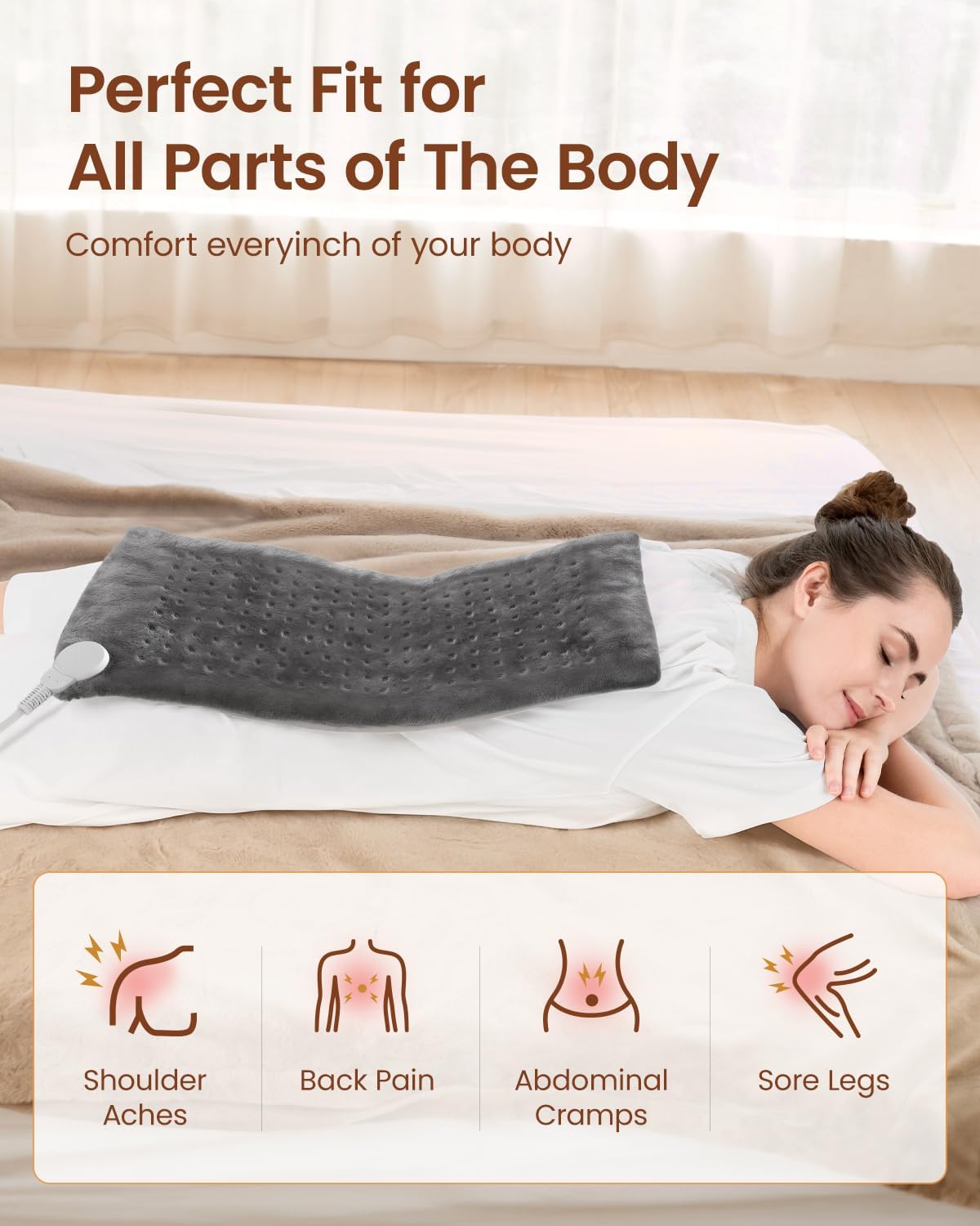 RENPHO Heating Pad for Back Pain & Period Cramps, FSA Eligible & HSA Store, Mothers Day Gifts & Birthday Gifts for Women Men,12" x24‘’ Electric Heat Pad for Neck and Shoulder, ETL Certified, Gray - Image 6