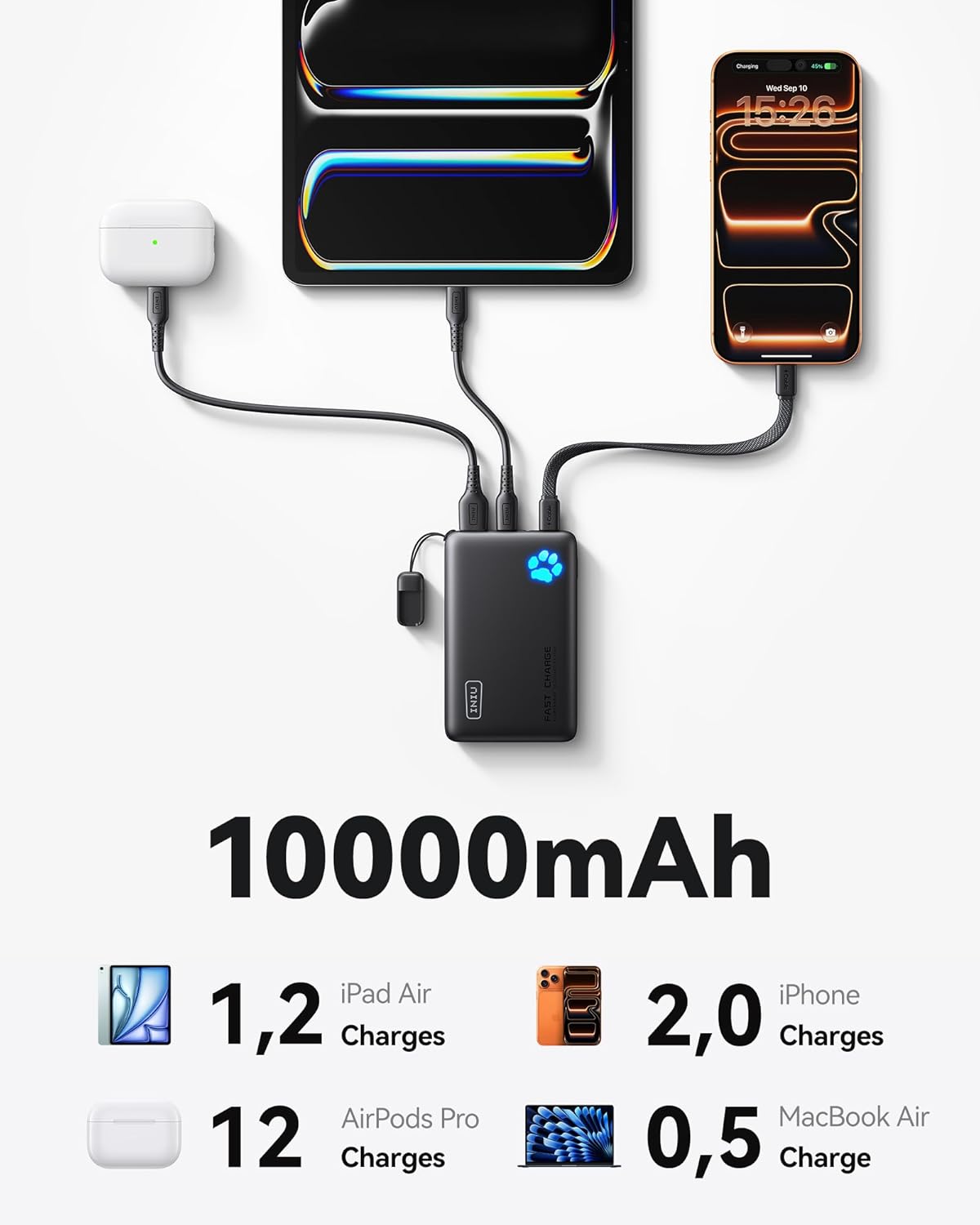 INIU Portable Charger, Smaller & Lighter 45W Fast Charging with Attached USB C Cable, Flight-Safe 10000mAh PD Power Bank Battery Pack, Travel Phone Powerbank for iPhone 17 16 15 Samsung S25 Google etc - Image 5