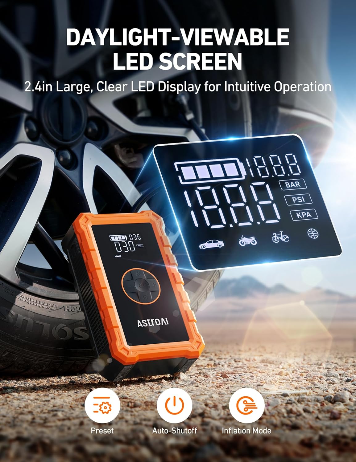 AstroAI S8 Air Jump Starter with Air Compressor, 3000A Peak Car Battery Jump Starter Portable (9.0 Gas/6.5L Diesel) with 150PSI Cordless Auto-Shutoff Tire Inflator, 12V Battery Charger Booster(Orange) - Image 5