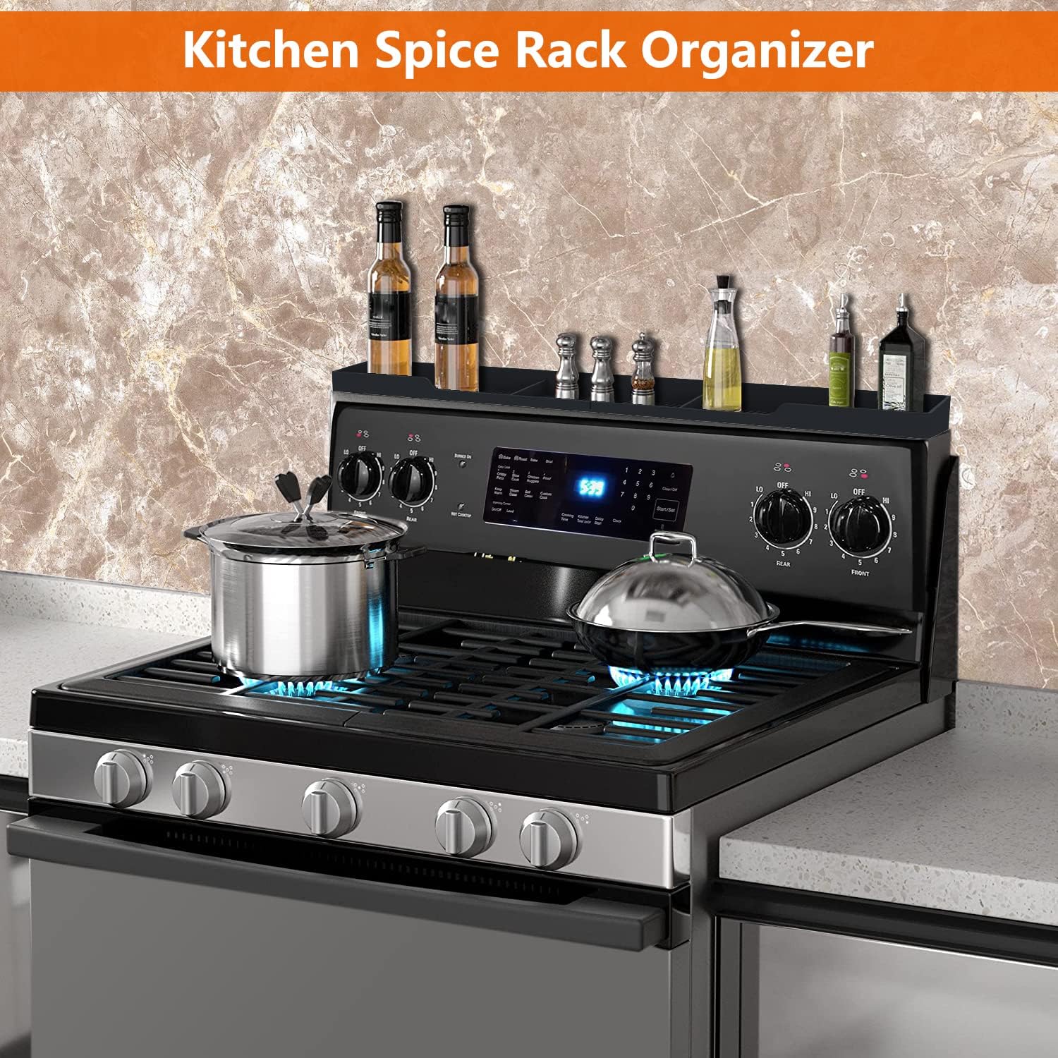 AWOKE Stove Top Shelf 30 Inch - Silicone Material Magnetic Shelf for Stove - 3 Functional Partitions Kitchen Spice Rack Organizer-Black,Kitchen Gadgets Storage Organization - Image 3