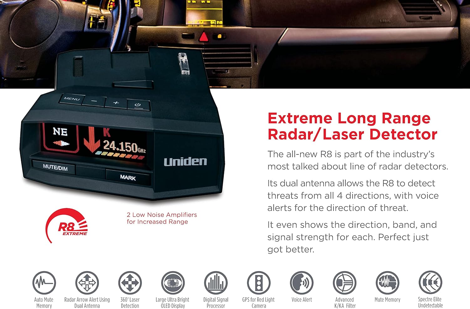 UNIDEN R8 Extreme Long-Range Radar/Laser Detector, Dual-Antennas Front & Rear Detection w/Directional Arrows, Built-in GPS w/Real-Time Alerts, Voice Alerts, Red Light Camera and Speed Camera Alerts - Image 5